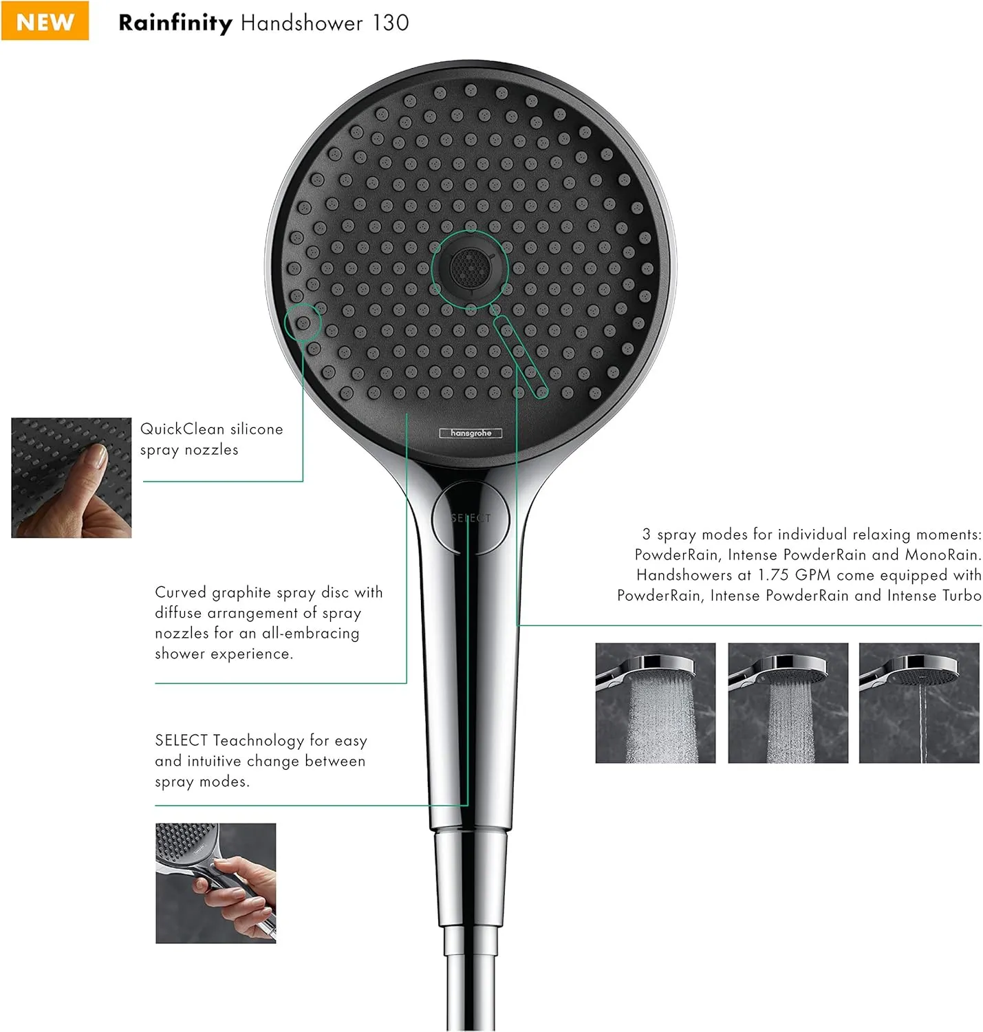 hansgrohe Rainfinity Rain 5-inch Modern Handheld Shower Head 3-Spray PowderRain, Intense PowderRain, Intense Turbo in Chrome, 26865001, 1.75