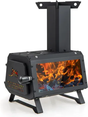 HAPPYGRILL Portable Camping Stove with Lid, Wood Burning Stove with 3 Air Vents, Large Visual Window, X Shaped Holder, Outdoor Hot Tent Stove For Camping, Hunting, Fishing, Cooking
