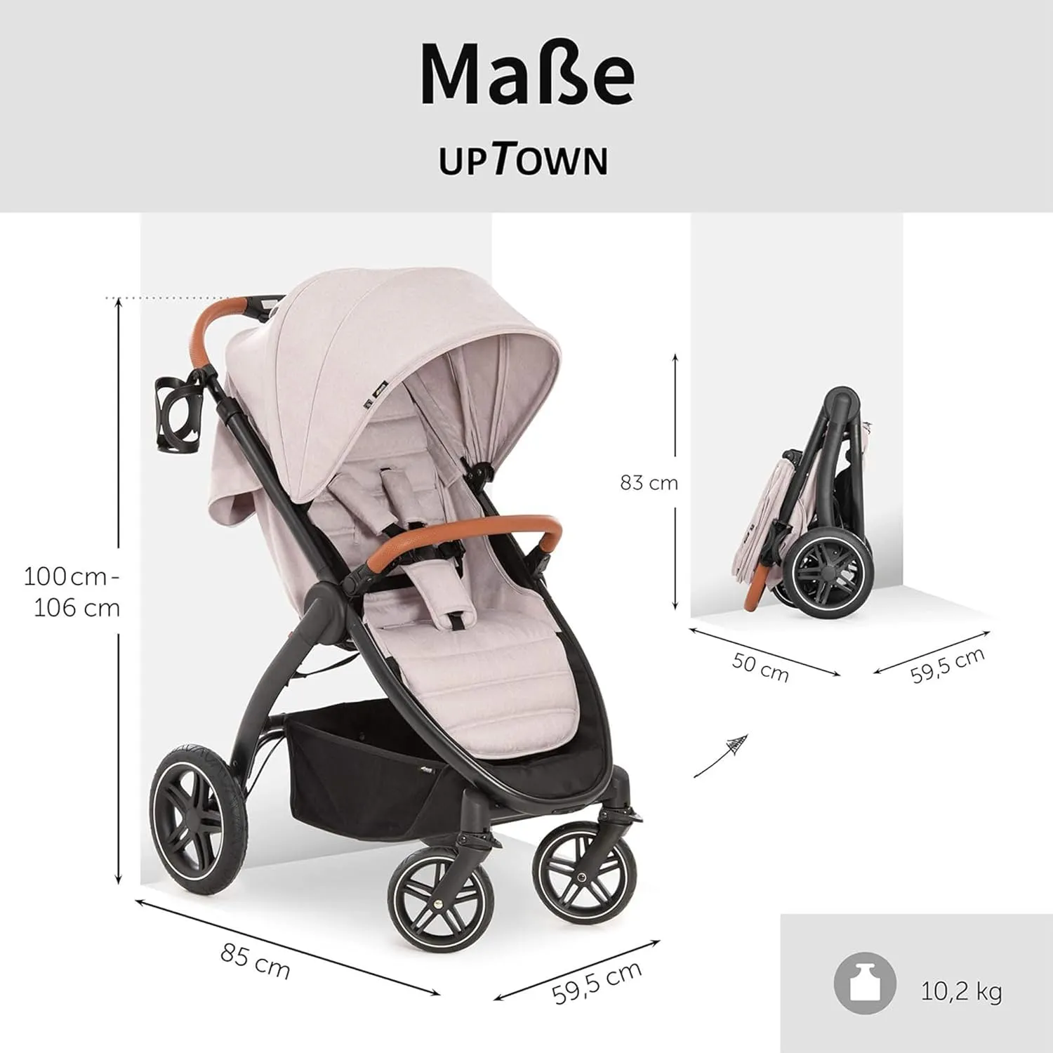 Hauck Uptown Deluxe Stroller - One-Handed Compact Folding, Fully Reclining, Adjustable Height, Cup Holder, Up to 55 lbs. Max Weight - Melange Beige