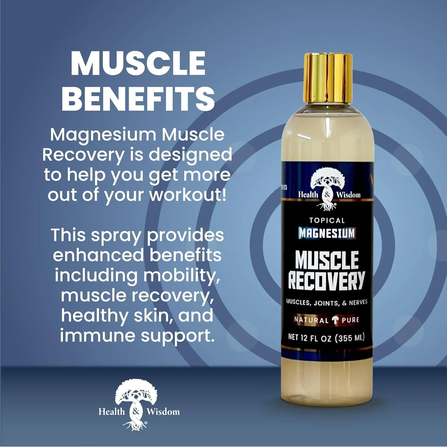Health and Wisdom Topical Magnesium Muscle Recovery - Magnesium Spray for Feet, Magnesium Oil Spray, Magnesium Oil for Feet, Pure Magnesium Oil Spray, Magnesium Body Spray, Magnesium Mist - 12 Fl Oz