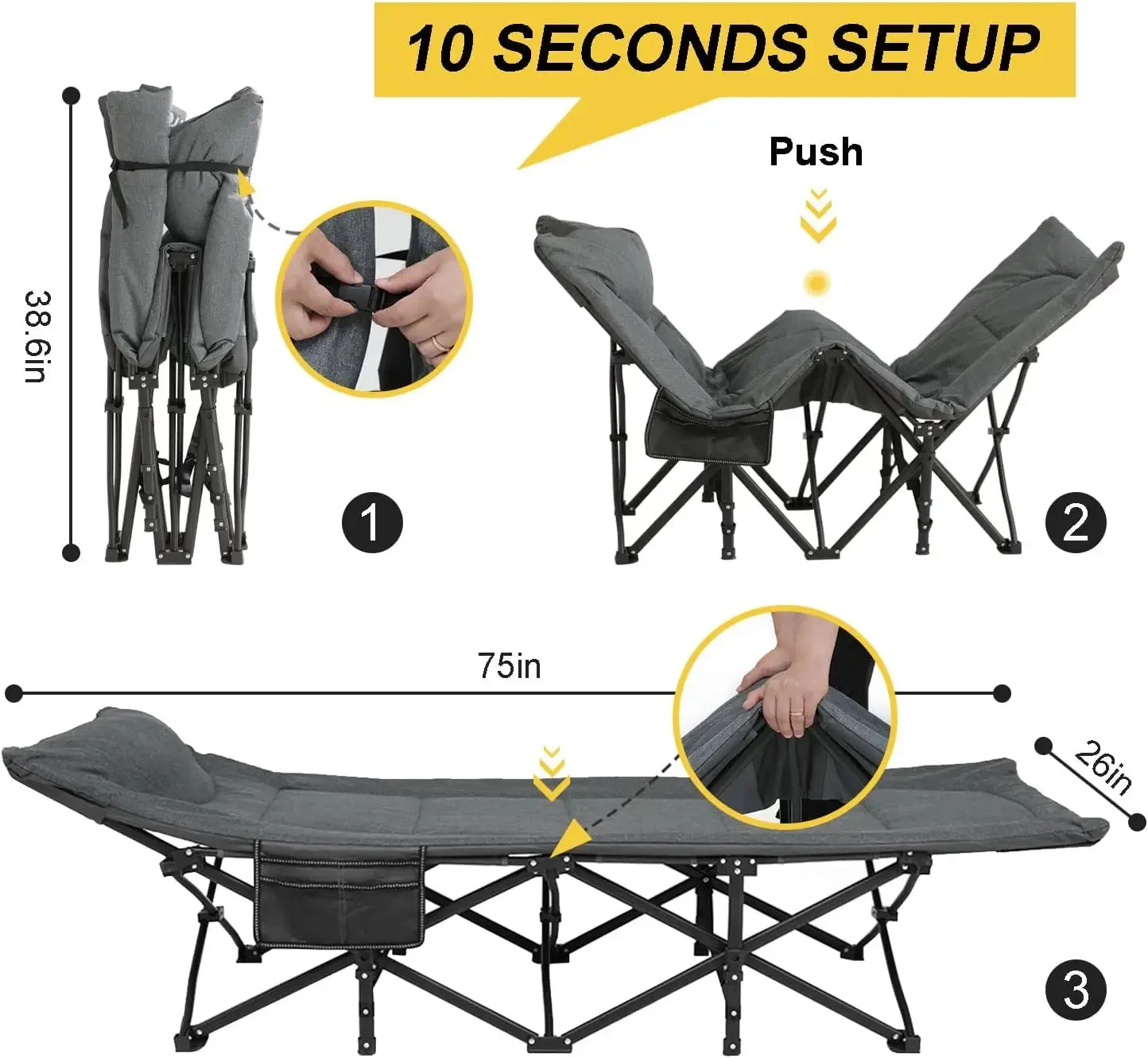 Heavy Duty Foldable Camping Cot with Quiet Pillow – 5-Position Adjustable Sleeping Cot for Adults