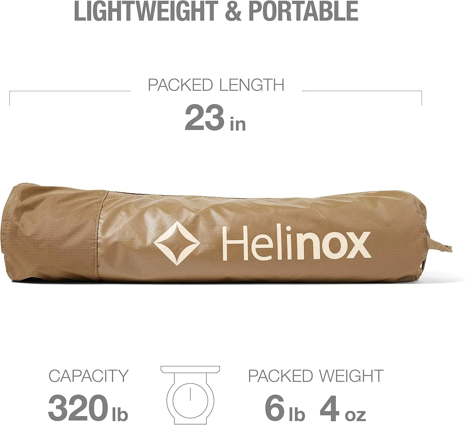 Helinox Cot One Lightweight, Compact, Collapsible, Portable Camping Cot, Long, Coyote Tan