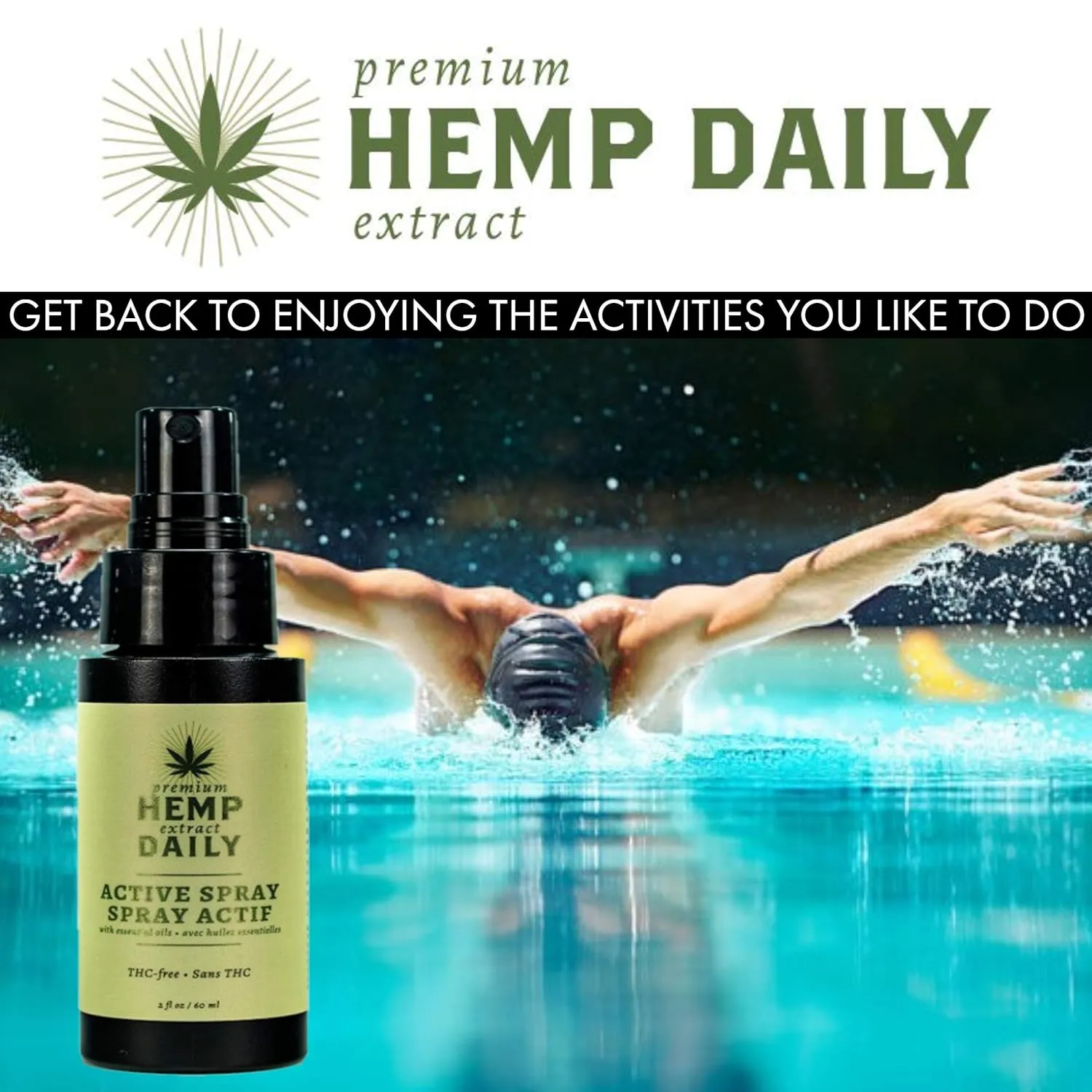 Hemp Daily Active Spray | Hemp Spray with Essential Oils | Vegan, Organic Ingredients | 2 Fluid Ounces (Original Spray, Single)