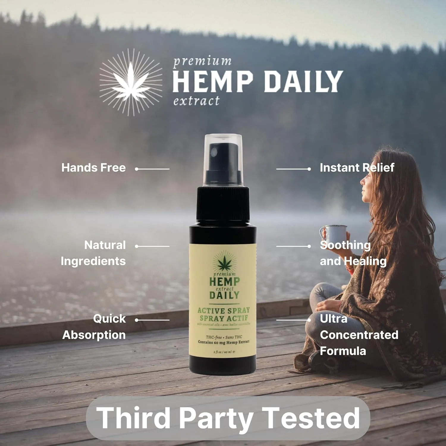 Hemp Daily Active Spray | Hemp Spray with Essential Oils | Vegan, Organic Ingredients | 2 Fluid Ounces (Original Spray, Single)