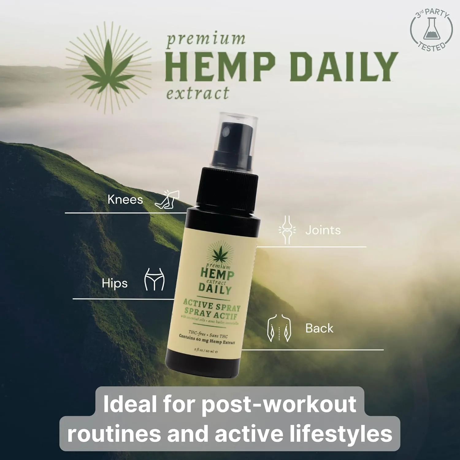 Hemp Daily Active Spray | Hemp Spray with Essential Oils | Vegan, Organic Ingredients | 2 Fluid Ounces (Original Spray, Single)