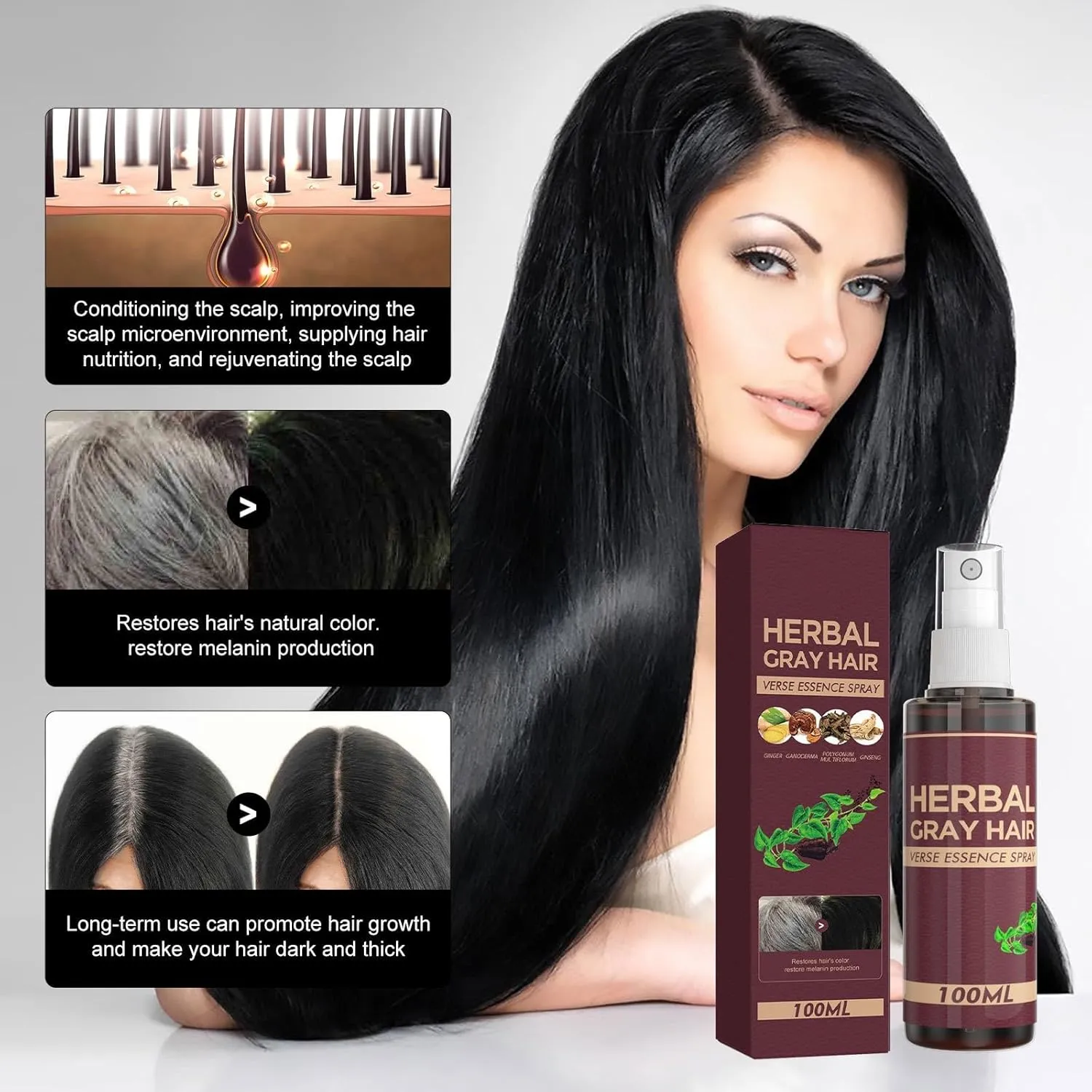 Herbal Essence Hair Spray, Hair Darkening Conditioner Spray, Herbal Hair Coloring Spray, Gray Hair Reverse Herbal Essence Spray, Reverse Grey Hair,100ml (3)