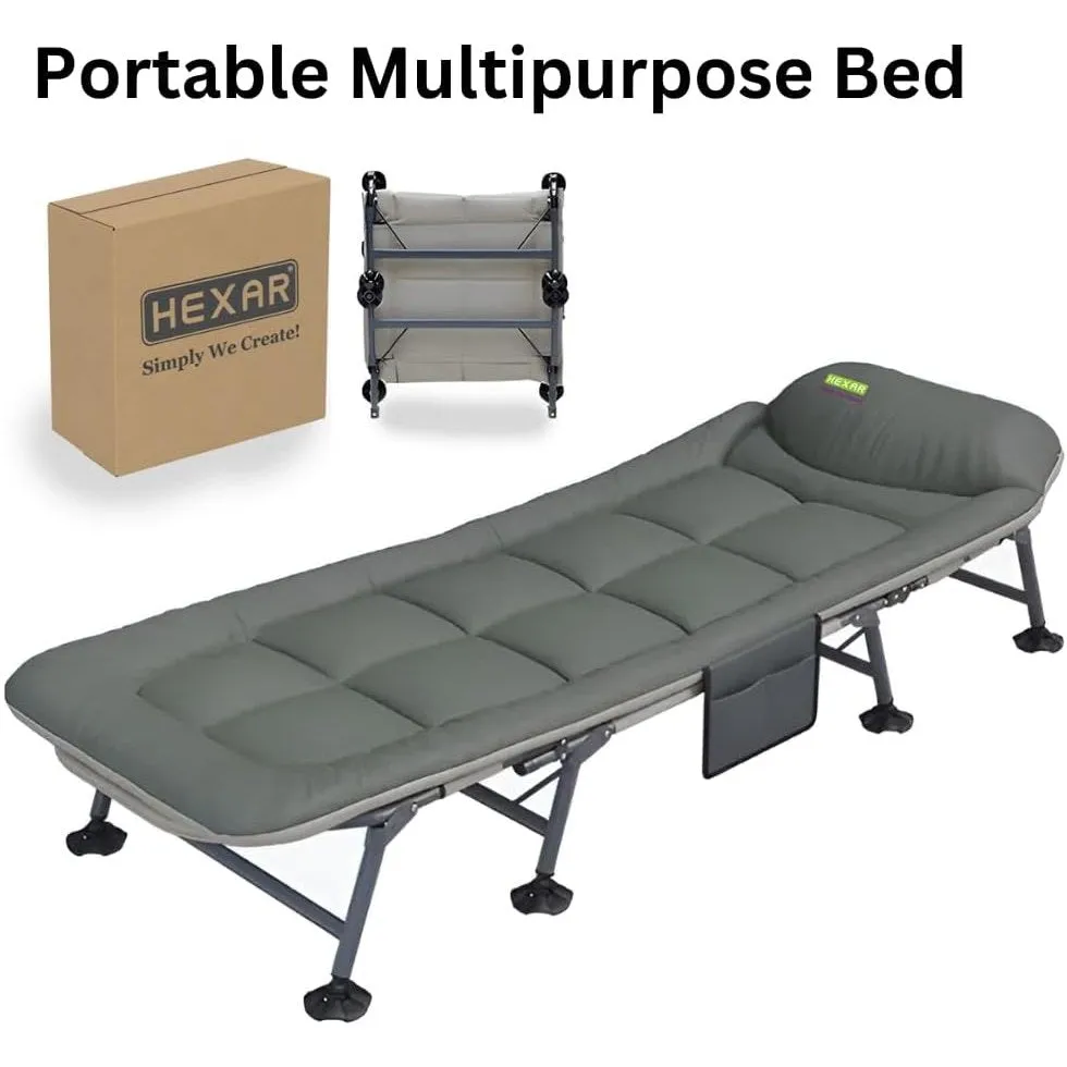 HEXAR® Premium Camping Cot Comfortable Folding Bed 160 KG Capacity 8 Legs Portable Bed 6 Angle Luxury Recliner Lounge Chair Sleeping Mattress Indoor Outdoor Office Lounger Adult Beach Bed (Dark Green)