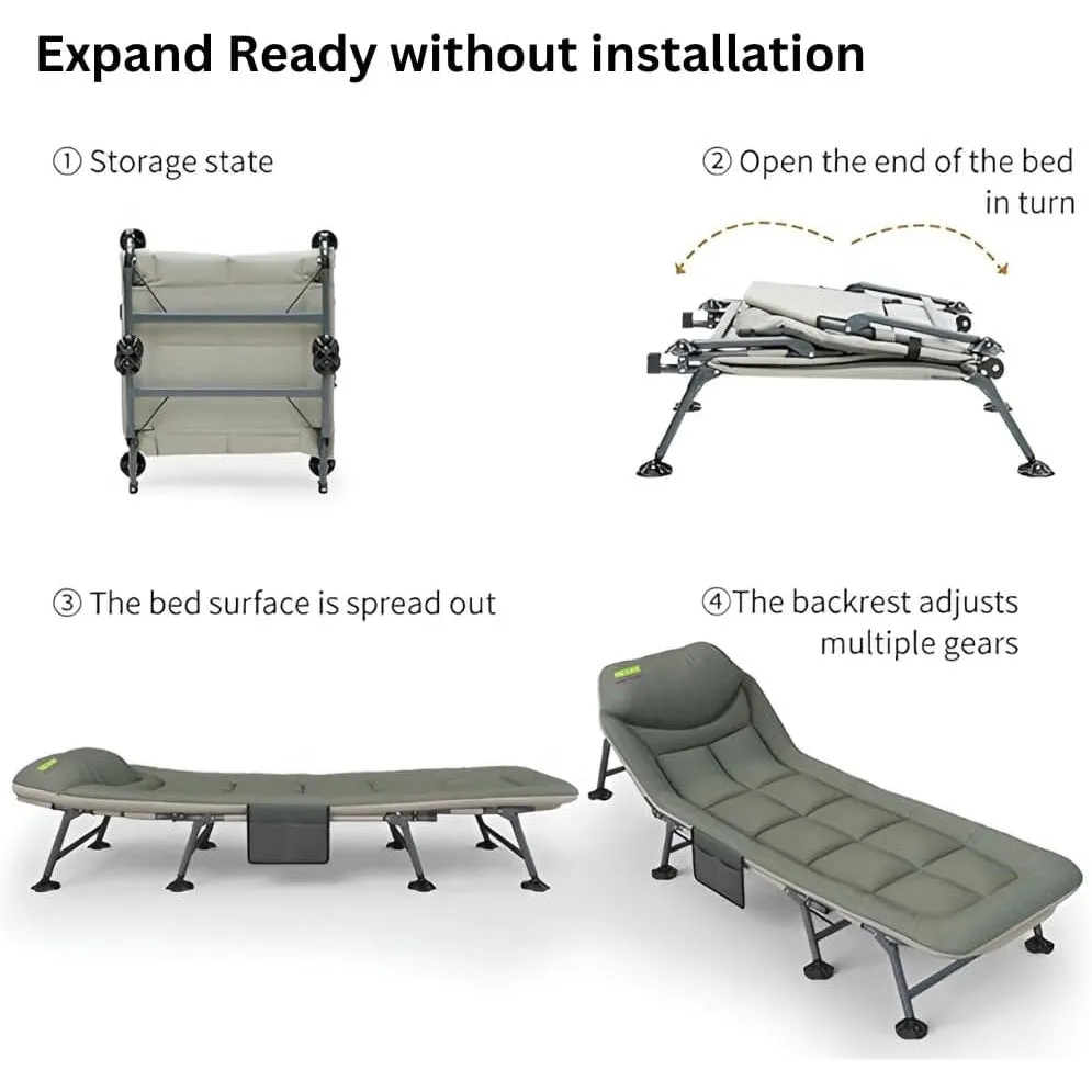 HEXAR® Premium Camping Cot Comfortable Folding Bed 160 KG Capacity 8 Legs Portable Bed 6 Angle Luxury Recliner Lounge Chair Sleeping Mattress Indoor Outdoor Office Lounger Adult Beach Bed (Dark Green)