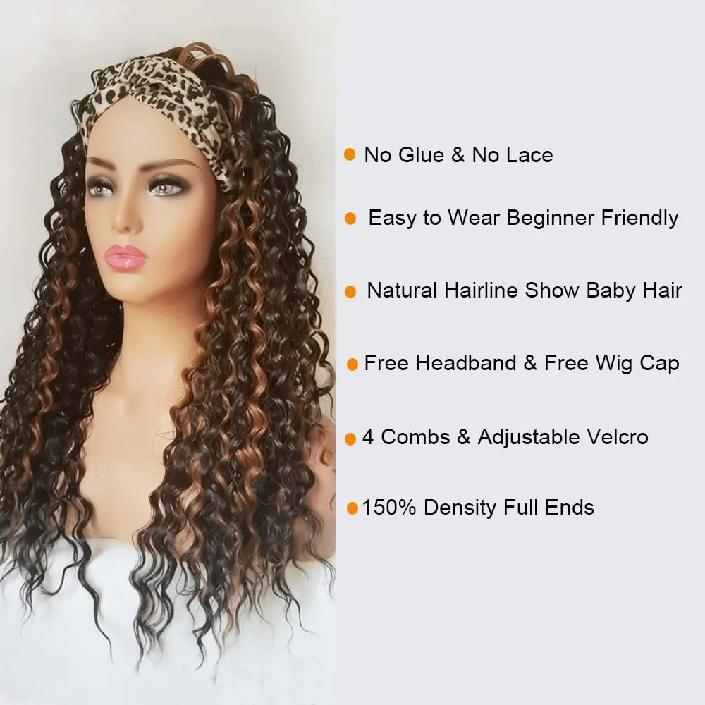Highlight Curly Headband Wig Deep Wave Synthetic 2 Tone Long Layered Brown Wigs for Afro Black Women Glueless Hair Band Curly Wig 24 Inch