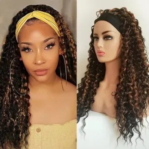 Highlight Curly Headband Wig Deep Wave Synthetic 2 Tone Long Layered Brown Wigs for Afro Black Women Glueless Hair Band Curly Wig 24 Inch