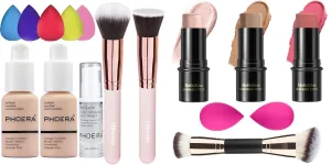 Hilareco PHOERA Foundation Makeup Kit, 3 Pcs Cream Contour Stick Set, Full Coverage Foundation, Blush, Bronzer, Highlighter, Matte Finish