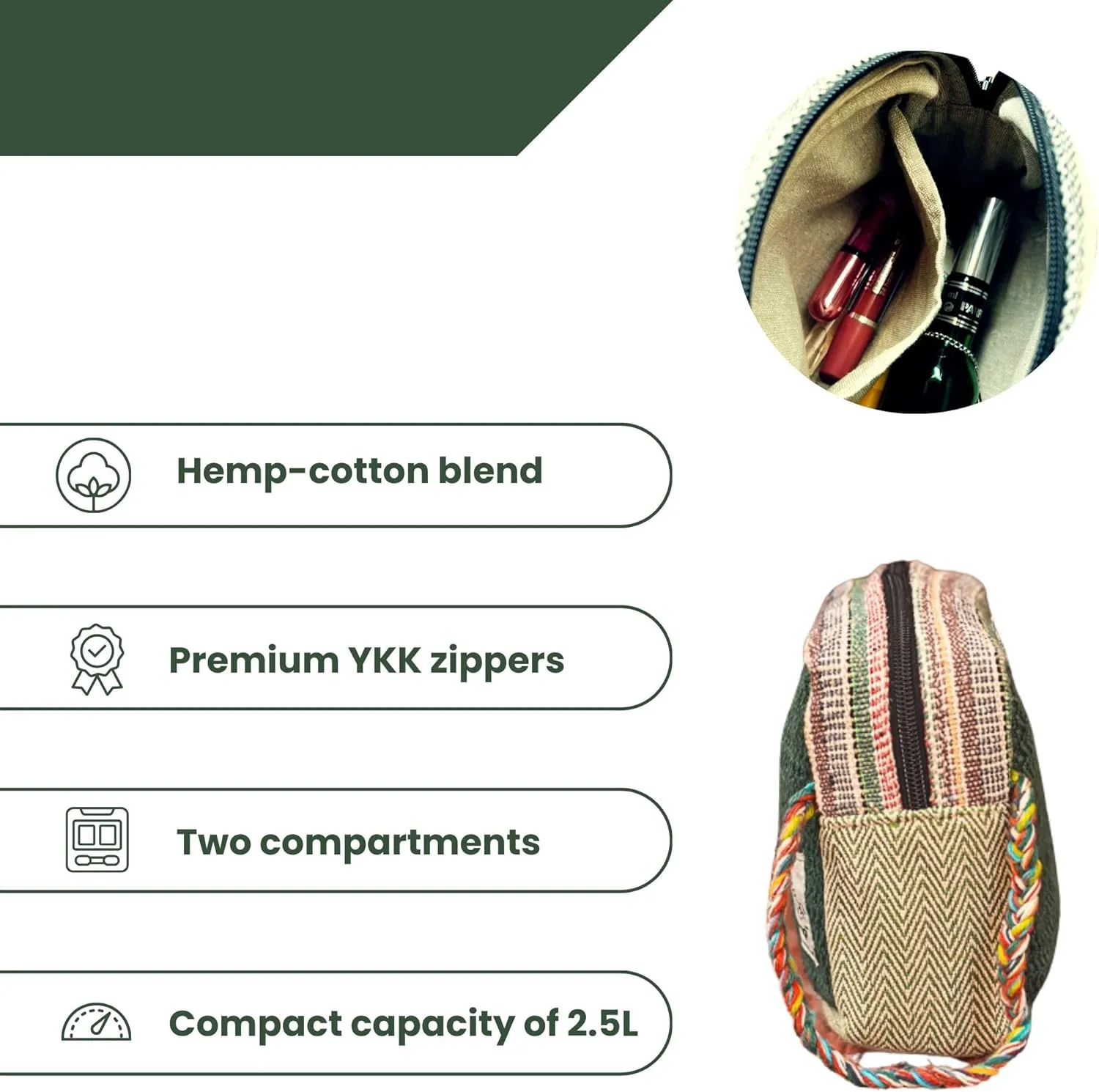 Himalayan Hemp Toiletry Kit – Natural Hemp Travel Pouch with Spacious Storage, Dual Zipper Compartments, Soft Cotton Lining