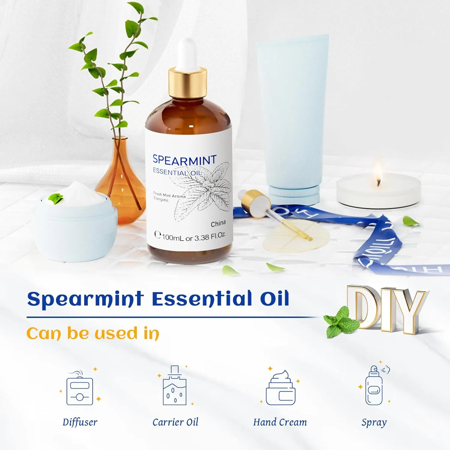 HIQILI 100ML Spearmint Oil for Skin Care, Facial, Can be Added to Lotions, Creams -100% Pure Natural Treatment Grade - 3.38 Fl Oz