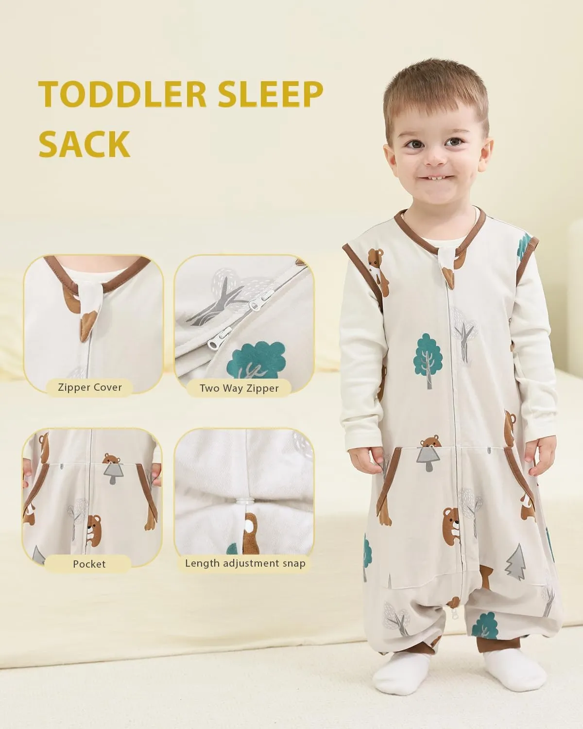 HOMEAL 0.5Tog Toddler Sleep Sacks 2T-3T,Toddler Sleeping Sack with Legs, Sleep Sacks, Wearable Blanket Brown Bear