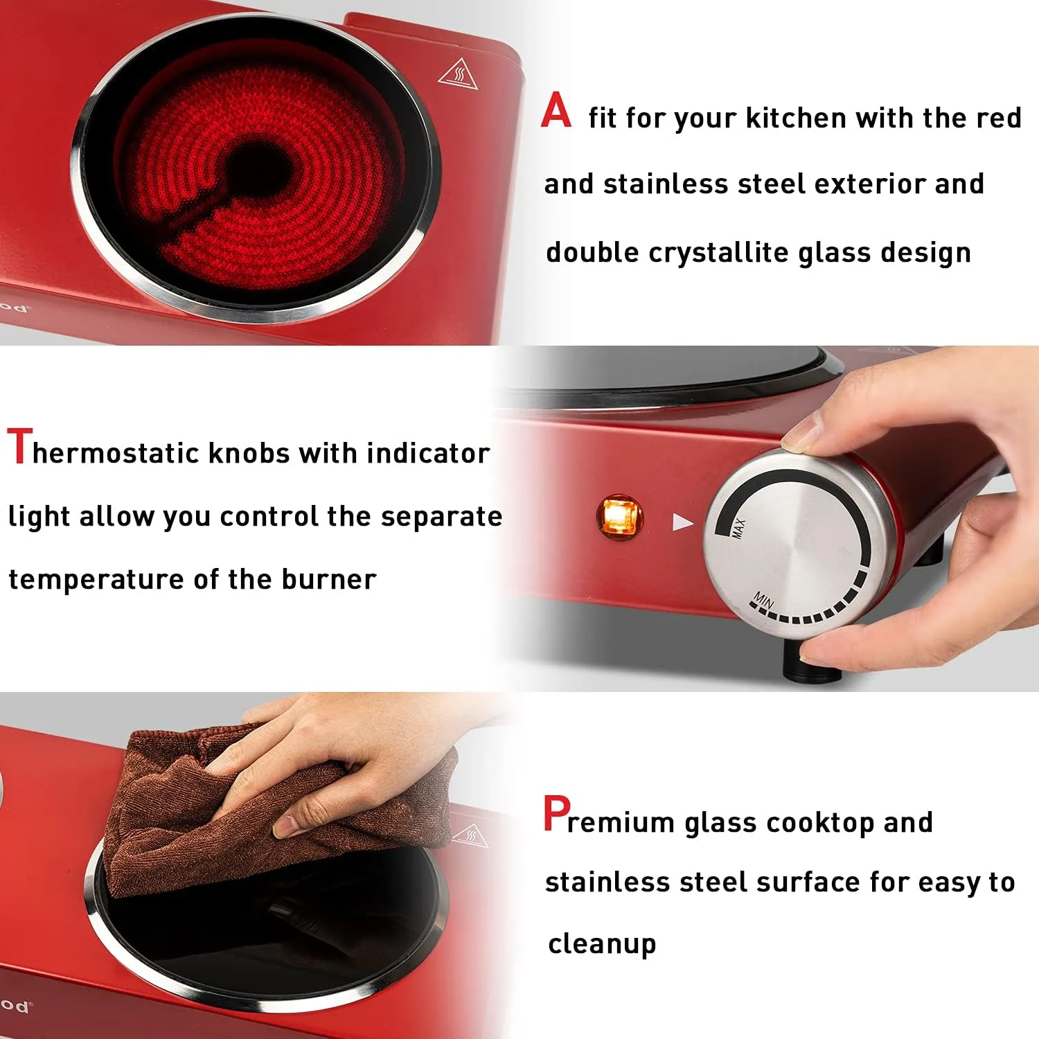 Hot Plate, Techwood Single Burner for Cooking, 1200W Portable Infrared Ceramic Electric Stove with Adjustable Temperature, 7.1” Cooktop for Home/RV/Camp, Compatible for All Cookwares, Red
