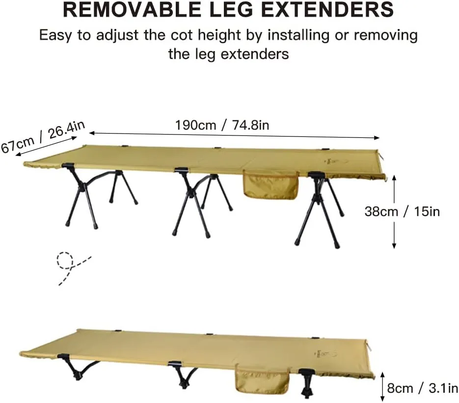 HXBER Folding Camping Cot with Leg Extenders Portable Camping Sleeping Cot Outdoor Bed for Camping Hiking Traveling Backpacking