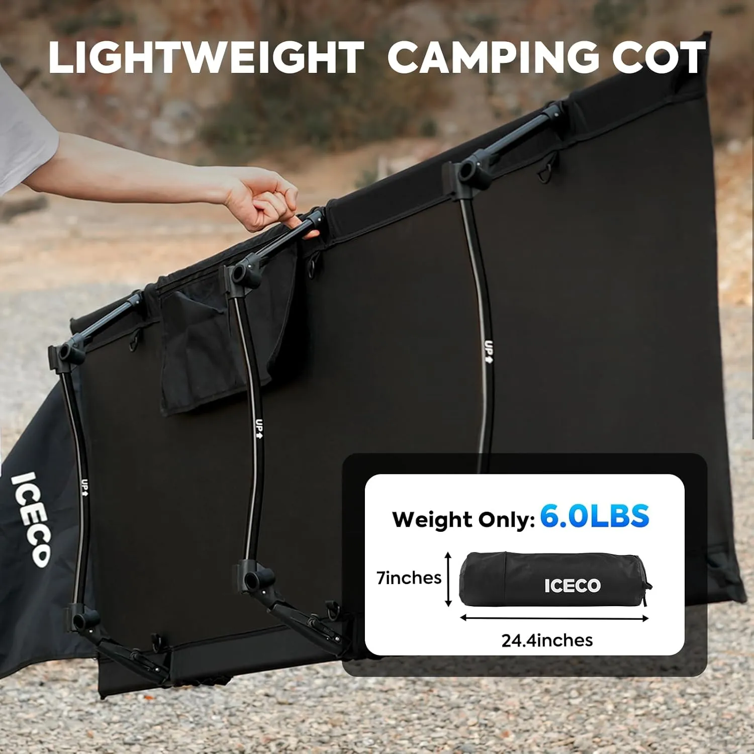 ICECO Camping Cot for Adults, Folding Cot for Camping, Portable Bed Sleeping Cot, Lightweight Backpacking Cot Strong Support 400 Lbs, Tent, Outdoor, Hiking, Travel, RV, Beach (L-Black)