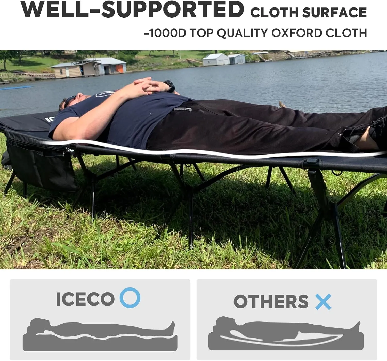 ICECO Camping Cot for Adults, Folding Cot for Camping, Portable Bed Sleeping Cot, Lightweight Backpacking Cot Strong Support 400 Lbs, Tent, Outdoor, Hiking, Travel, RV, Beach (XXL-Black)