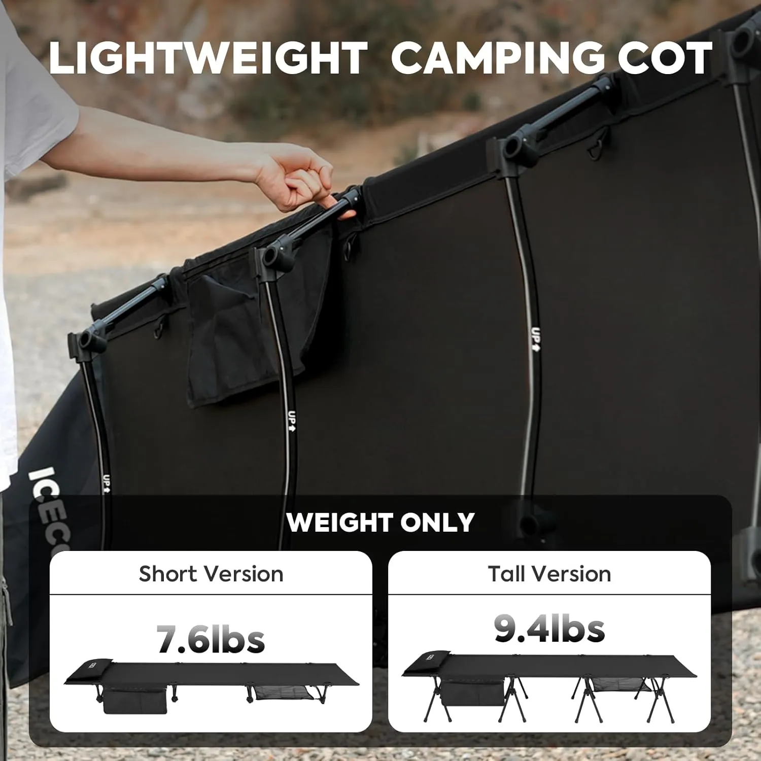 ICECO Camping Cot for Adults, Folding Cot for Camping, Portable Bed Sleeping Cot, Lightweight Backpacking Cot Strong Support 400 Lbs, Tent, Outdoor, Hiking, Travel, RV, Beach (XXL-Black)