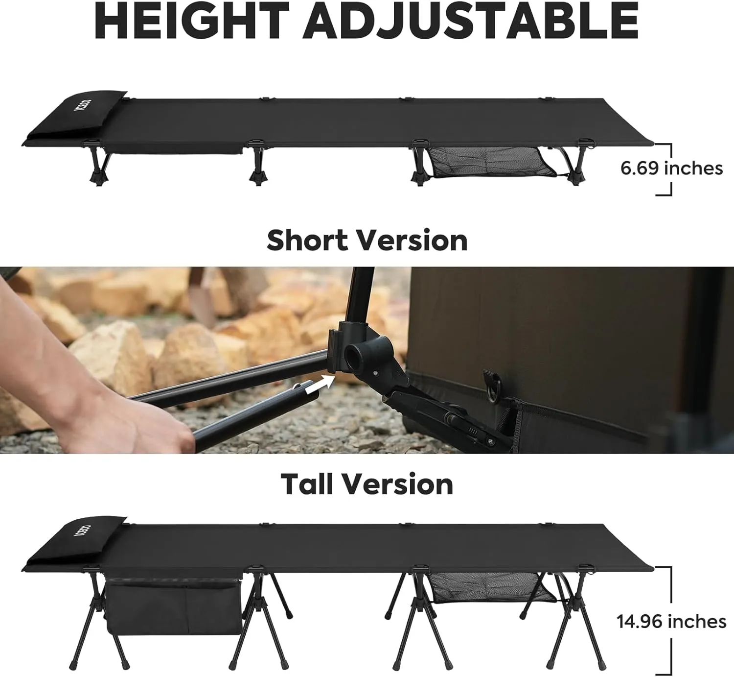 ICECO Camping Cot for Adults, Folding Cot for Camping, Portable Bed Sleeping Cot, Lightweight Backpacking Cot Strong Support 400 Lbs, Tent, Outdoor, Hiking, Travel, RV, Beach (XXL-Black)