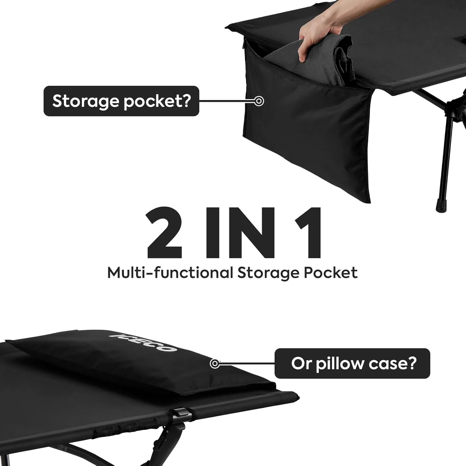 ICECO Camping Cot for Adults, Folding Cot for Camping, Portable Bed Sleeping Cot, Lightweight Backpacking Cot Strong Support 400 Lbs, Tent, Outdoor, Hiking, Travel, RV, Beach (XXL-Black)