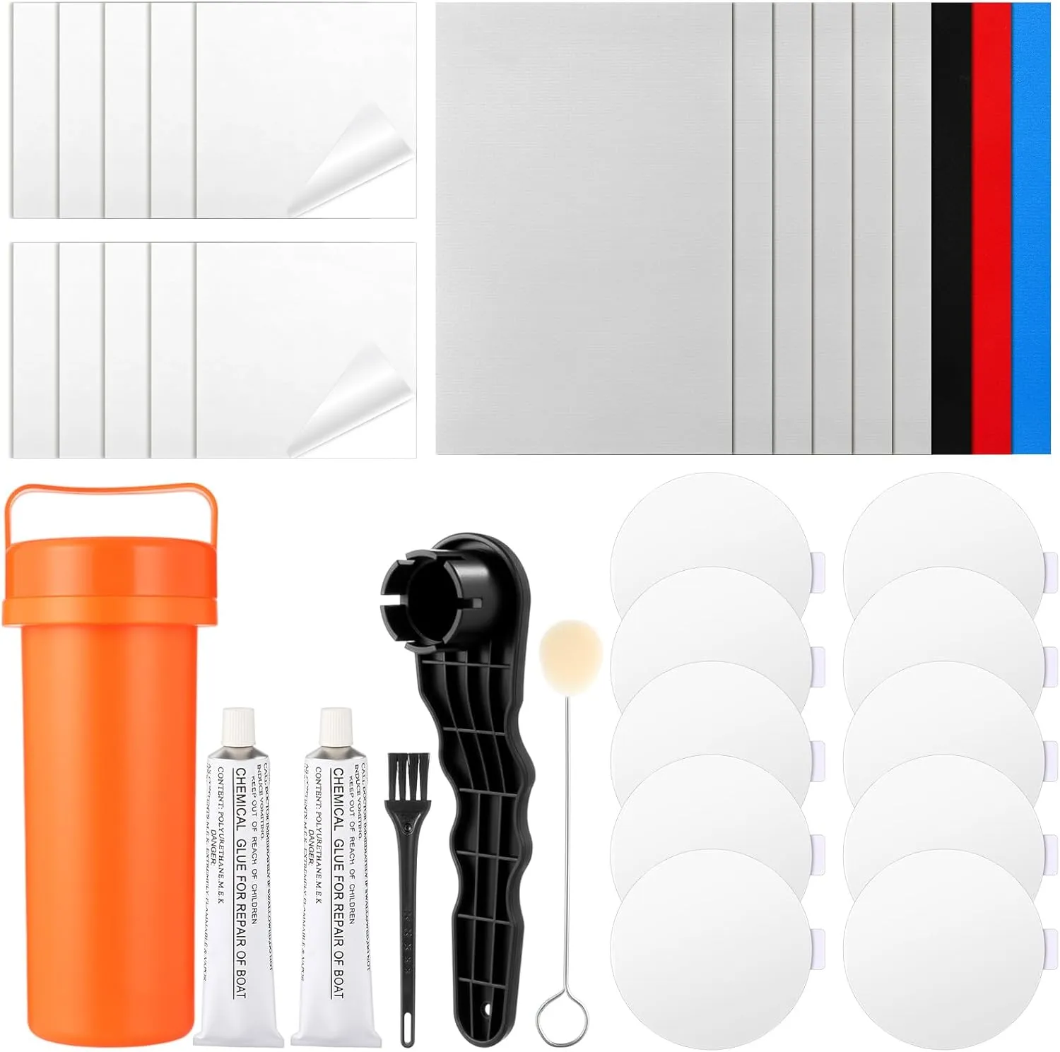 Inflatable Boat Repair Kit Pool Liner Patch Kit Waterproof with 2 x 30 ml Glue, 20 Pcs Heavy Duty TPU Repair Patch Self Adhesive for Air Mattress, Tent, Swimming Ring, Raft, Kayak