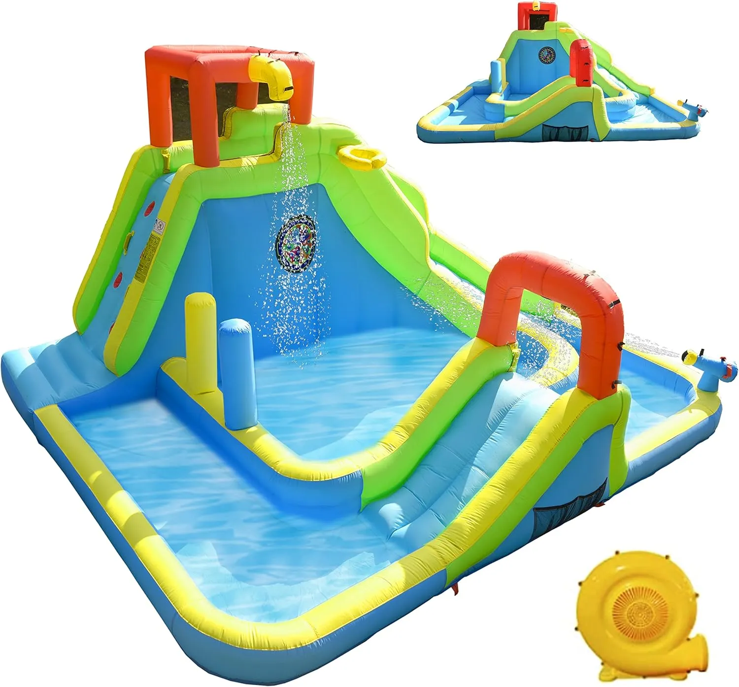 Inflatable Water Slide Park, Large Kids Water Castle Fun Bouncy House with Dual Pools and Slides, Climbing Wall, Basketball and Target Game Areas, Easy to Set Up with Air Blower Included