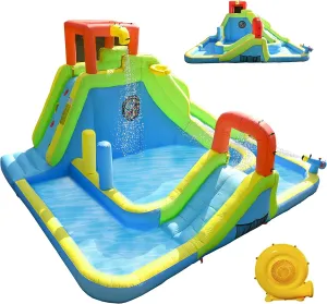 Inflatable Water Slide Park, Large Kids Water Castle Fun Bouncy House with Dual Pools and Slides, Climbing Wall, Basketball and Target Game Areas, Easy to Set Up with Air Blower Included
