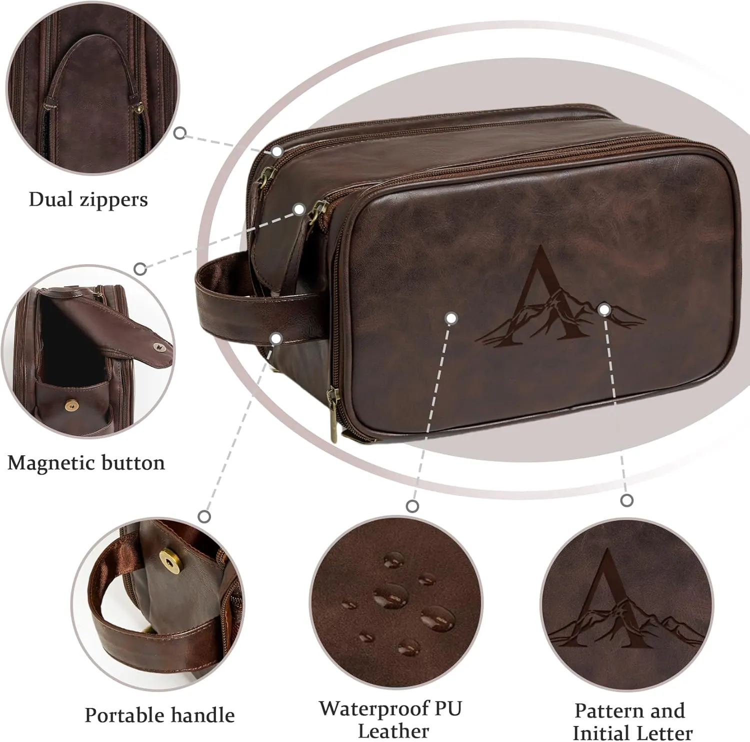 Janhavi Gifts For Husband, Personalized Laser Engraved Initials & Mountain, Make Up Bag Traveling, Men's Accessories Organizer Mens Travel Bag Toiletry, Gifts for Him(Dark Brown T)