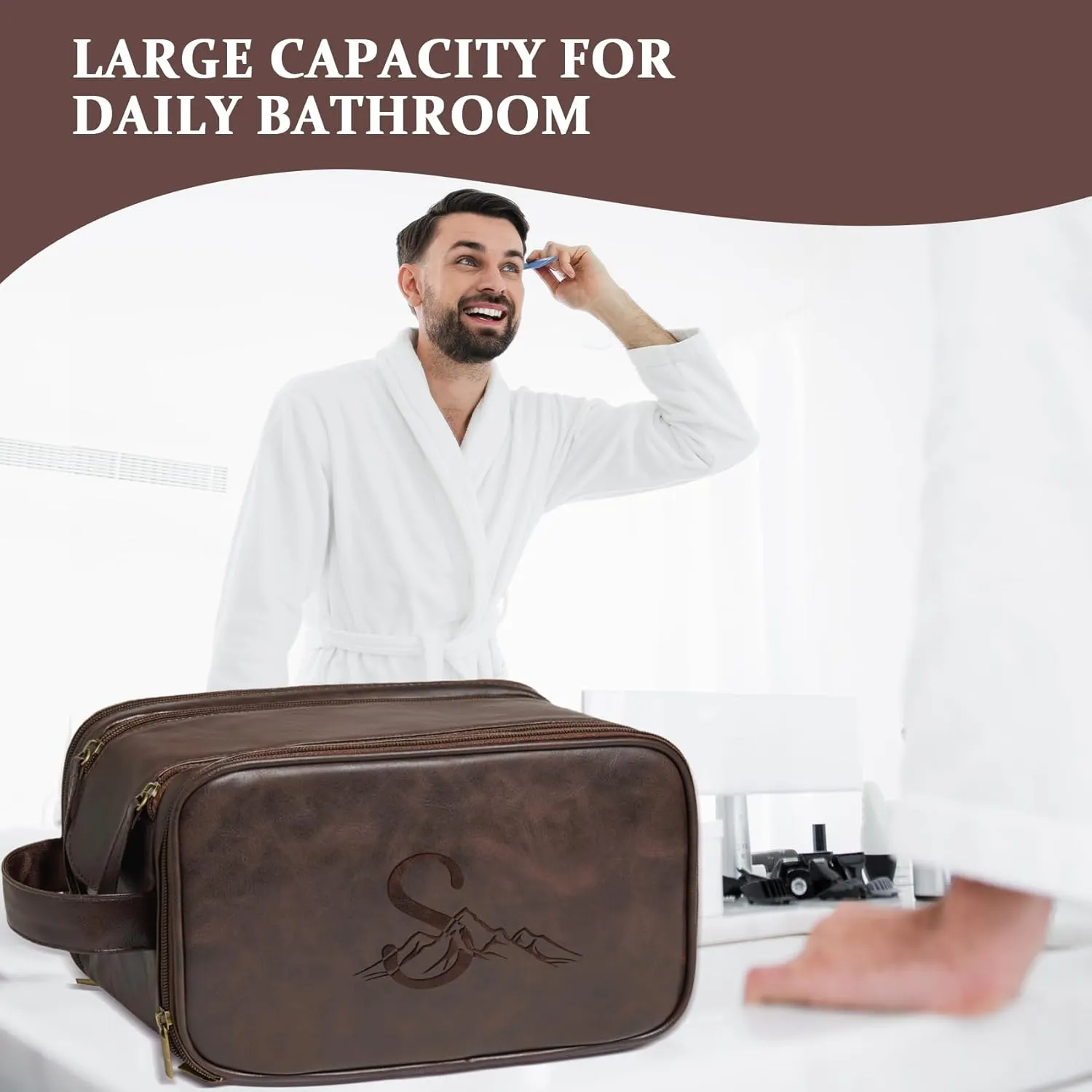 Janhavi Gifts For Husband, Personalized Laser Engraved Initials & Mountain, Make Up Bag Traveling, Men's Accessories Organizer Mens Travel Bag Toiletry, Gifts for Him(Dark Brown T)