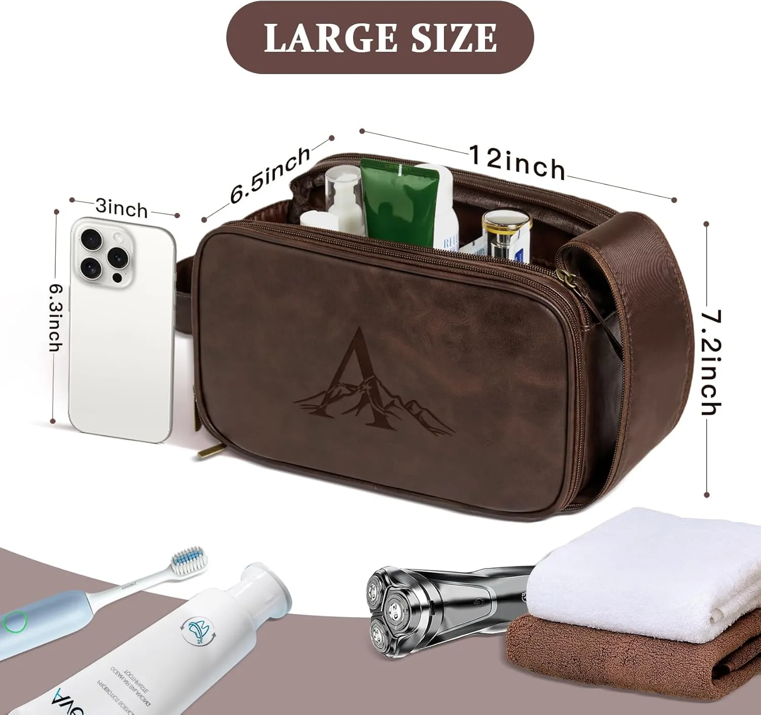 Janhavi Gifts For Husband, Personalized Laser Engraved Initials & Mountain, Make Up Bag Traveling, Men's Accessories Organizer Mens Travel Bag Toiletry, Gifts for Him(Dark Brown T)