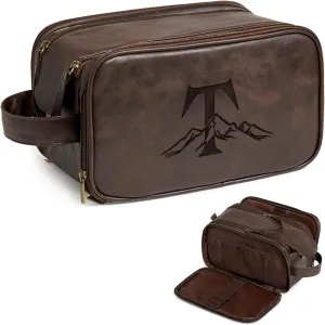 Janhavi Gifts For Husband, Personalized Laser Engraved Initials & Mountain, Make Up Bag Traveling, Men's Accessories Organizer Mens Travel Bag Toiletry, Gifts for Him(Dark Brown T)