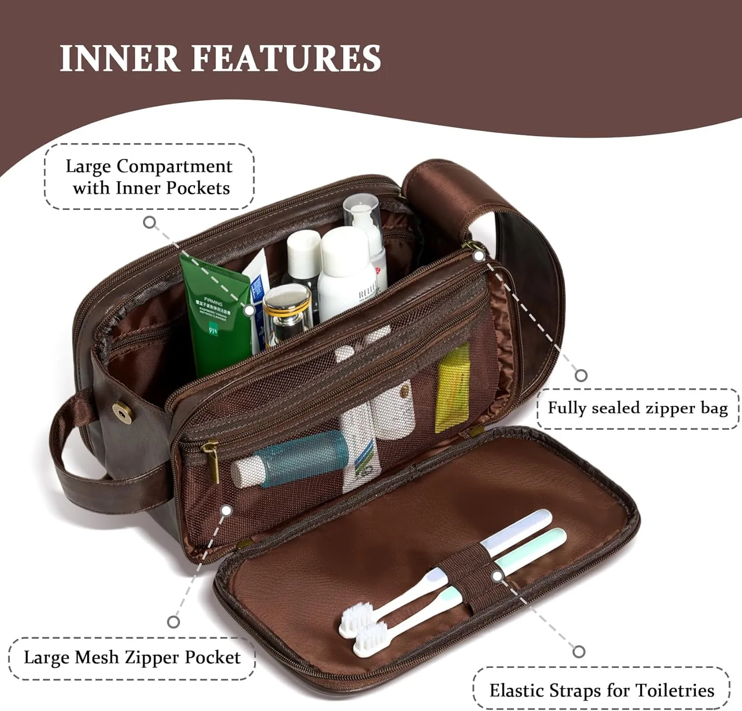 Janhavi Gifts For Husband, Personalized Laser Engraved Initials & Mountain, Make Up Bag Traveling, Men's Accessories Organizer Mens Travel Bag Toiletry, Gifts for Him(Dark Brown T)