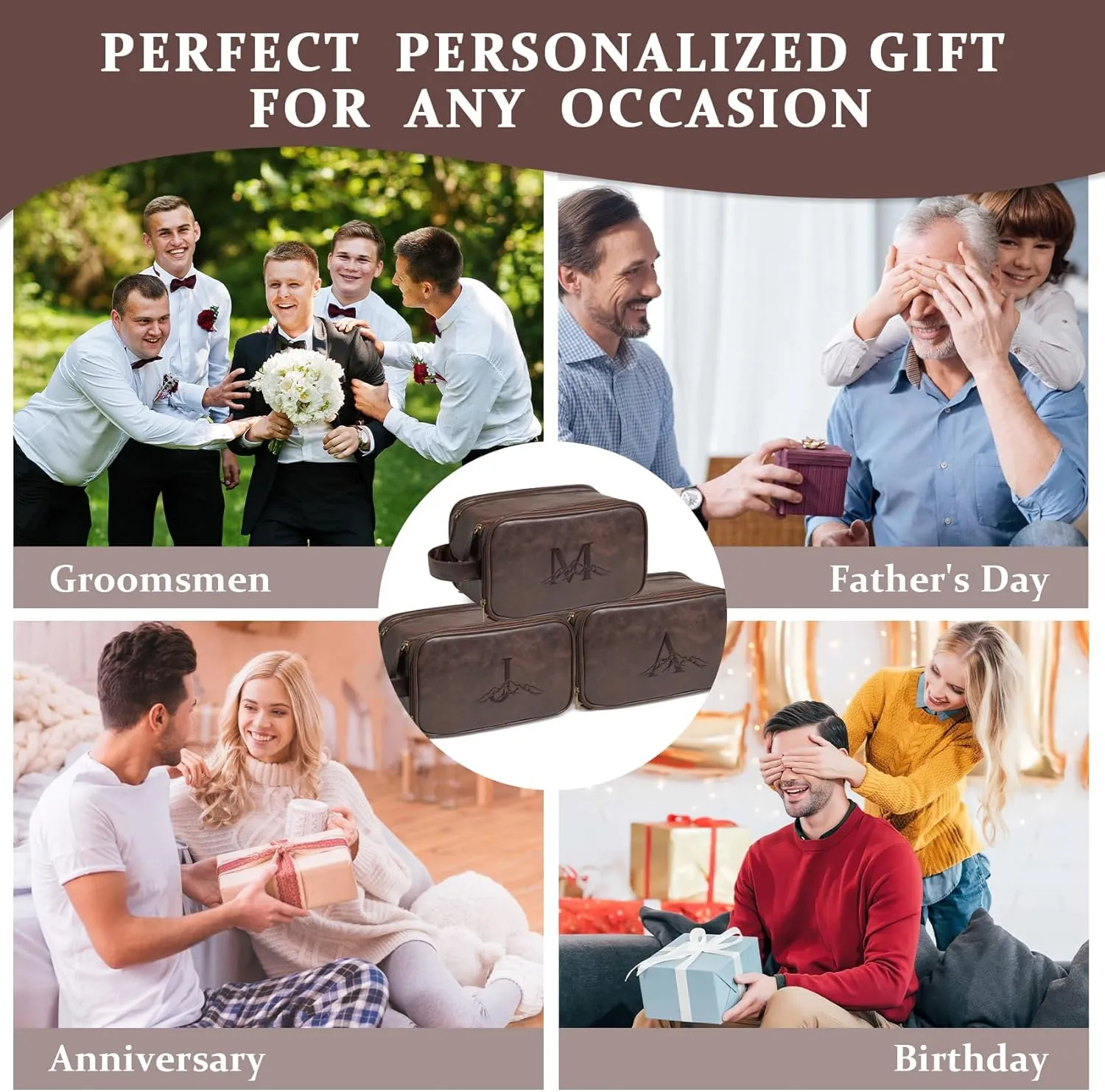 Janhavi Gifts For Husband, Personalized Laser Engraved Initials & Mountain, Make Up Bag Traveling, Men's Accessories Organizer Mens Travel Bag Toiletry, Gifts for Him(Dark Brown T)