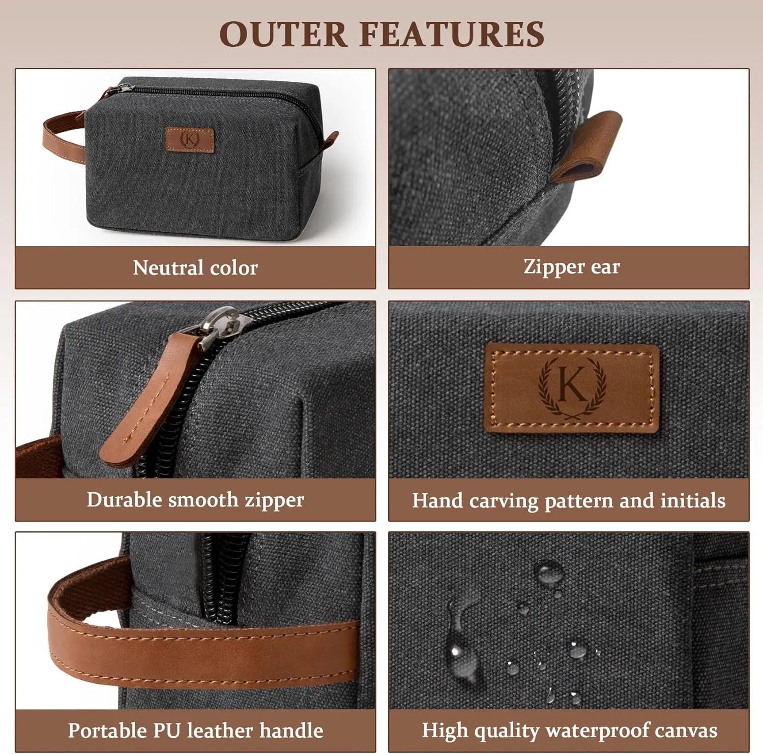 Janhavi Personalized Toiletry Bag for Men, Beach Vacation Travel Essentials, Waterproof Toiletry Bag with Hook, Laser Engraved Initials & Wheat Ear,Gifts For Him (Dark Grey B)