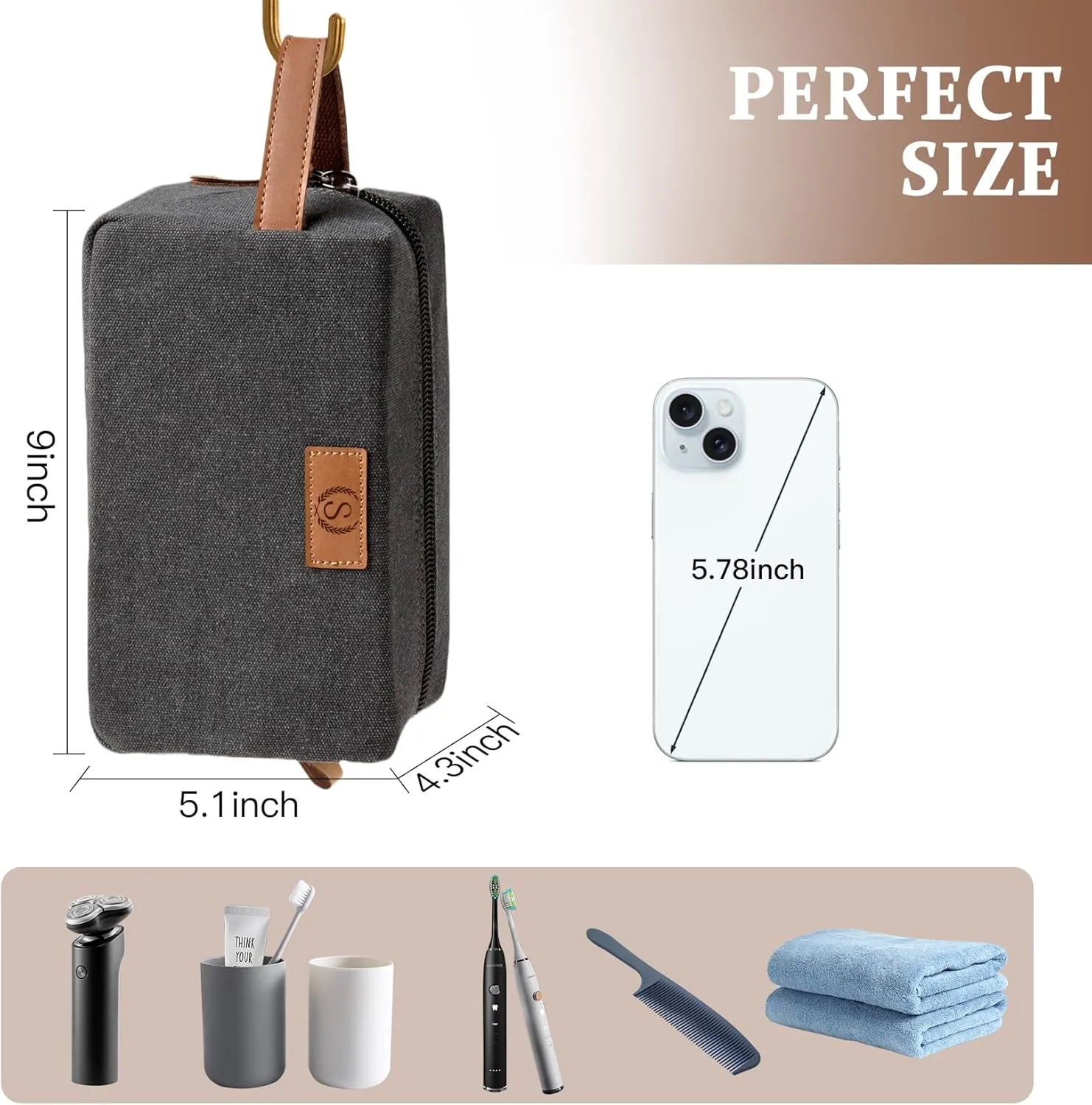 Janhavi Personalized Toiletry Bag for Men, Beach Vacation Travel Essentials, Waterproof Toiletry Bag with Hook, Laser Engraved Initials & Wheat Ear,Gifts For Him (Dark Grey B)