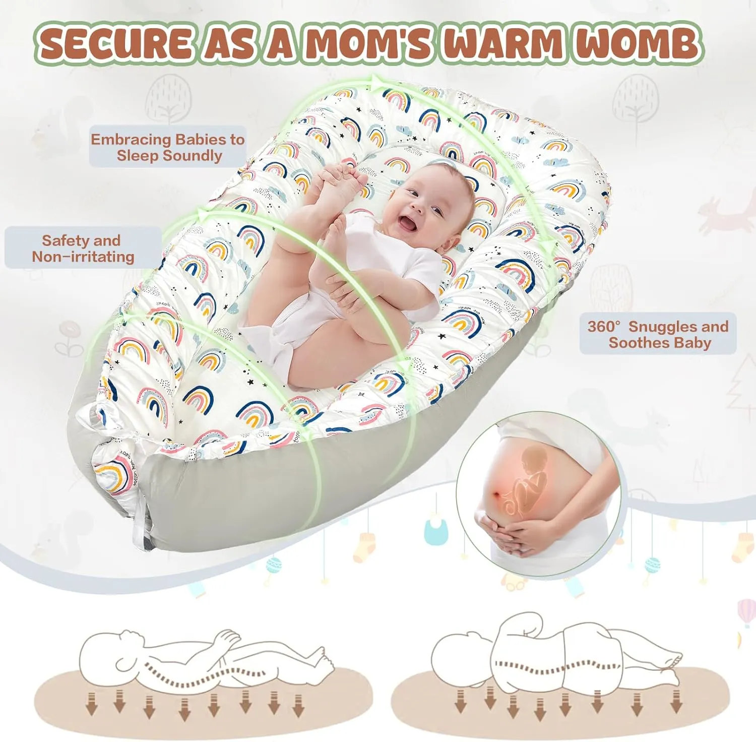 JIFTOK Baby Nests Lounger for Newborn, Snuggle Sleeping Bassinet for 0-24M, Breathable Portable Co Sleeping Bed, Baby Essentials Adjustable Infant Soft Cotton Loungers for Home & Travel -Rainbow