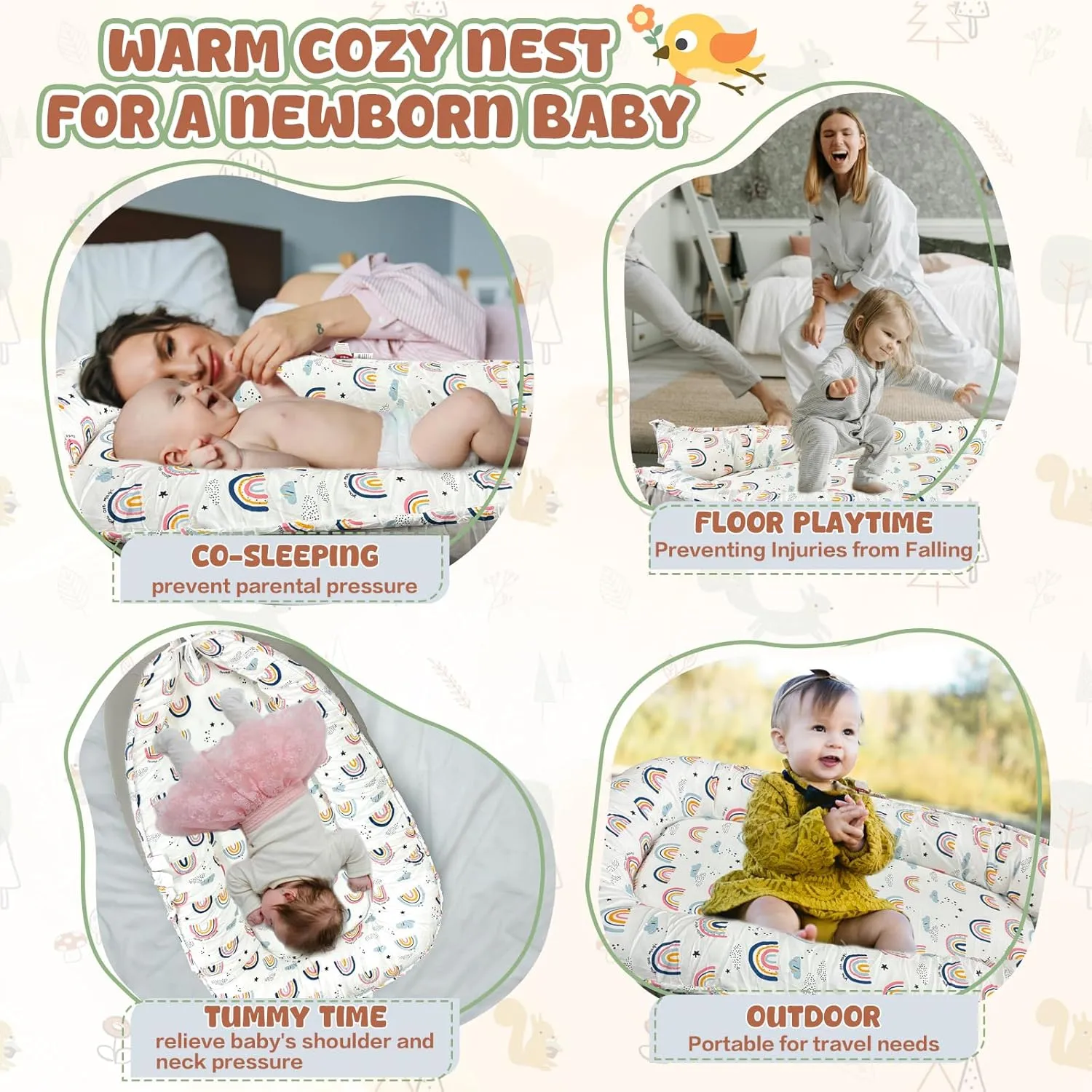 JIFTOK Baby Nests Lounger for Newborn, Snuggle Sleeping Bassinet for 0-24M, Breathable Portable Co Sleeping Bed, Baby Essentials Adjustable Infant Soft Cotton Loungers for Home & Travel -Rainbow