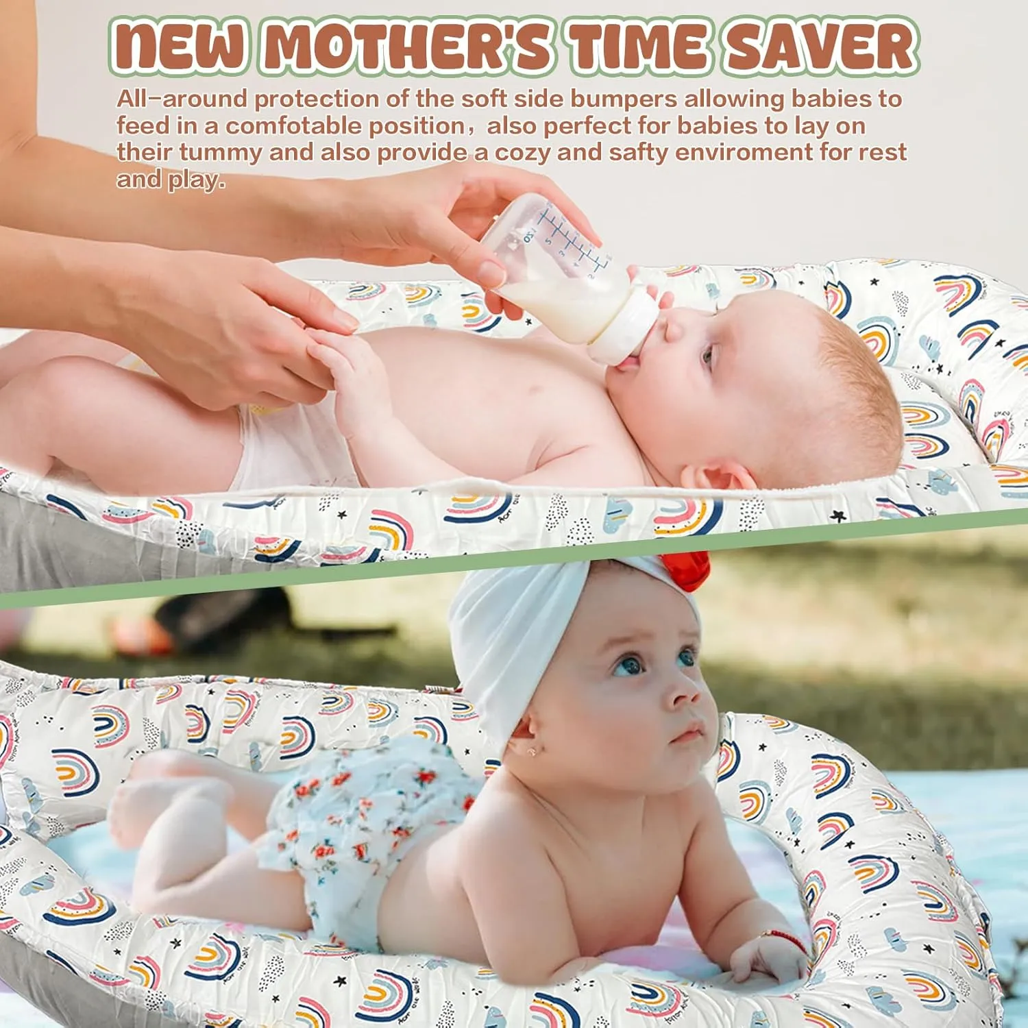 JIFTOK Baby Nests Lounger for Newborn, Snuggle Sleeping Bassinet for 0-24M, Breathable Portable Co Sleeping Bed, Baby Essentials Adjustable Infant Soft Cotton Loungers for Home & Travel -Rainbow