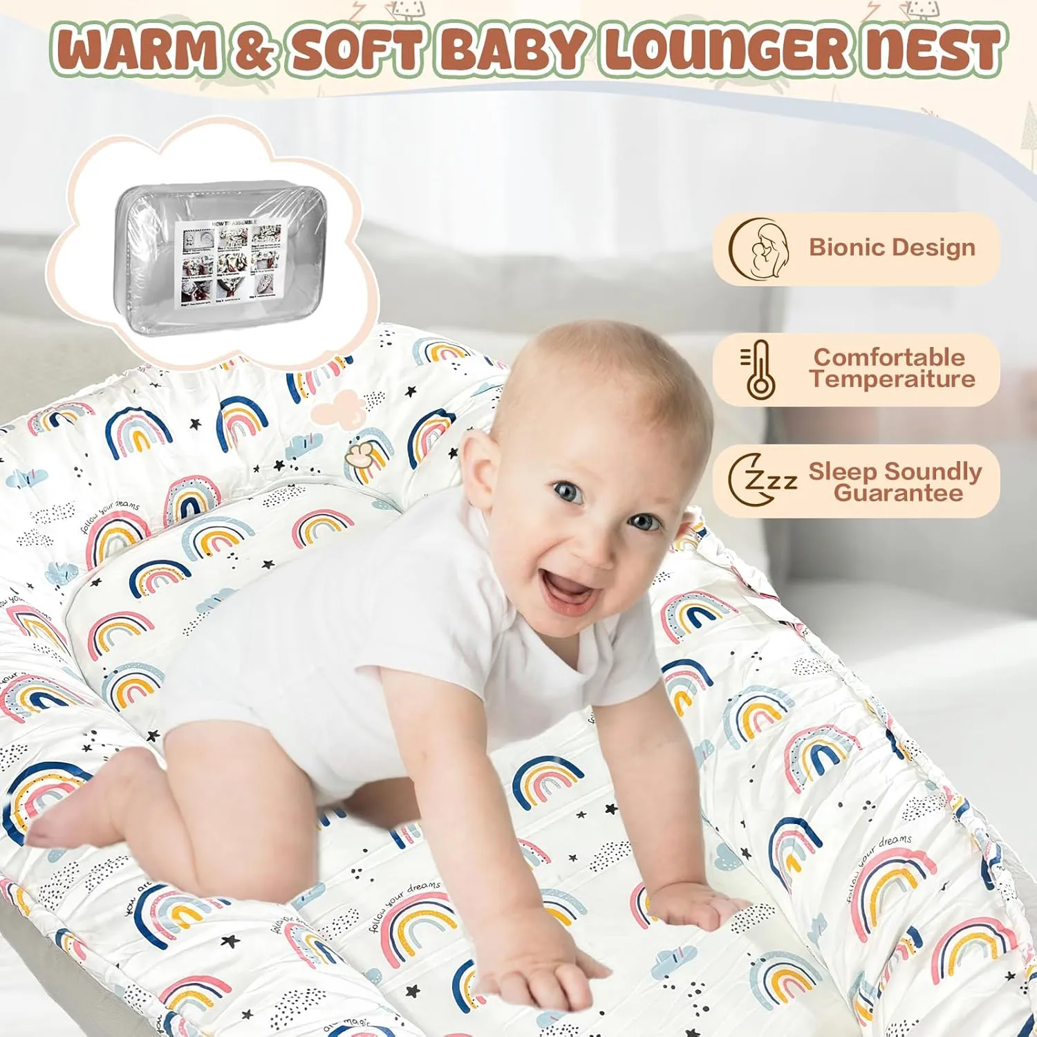 JIFTOK Baby Nests Lounger for Newborn, Snuggle Sleeping Bassinet for 0-24M, Breathable Portable Co Sleeping Bed, Baby Essentials Adjustable Infant Soft Cotton Loungers for Home & Travel -Rainbow