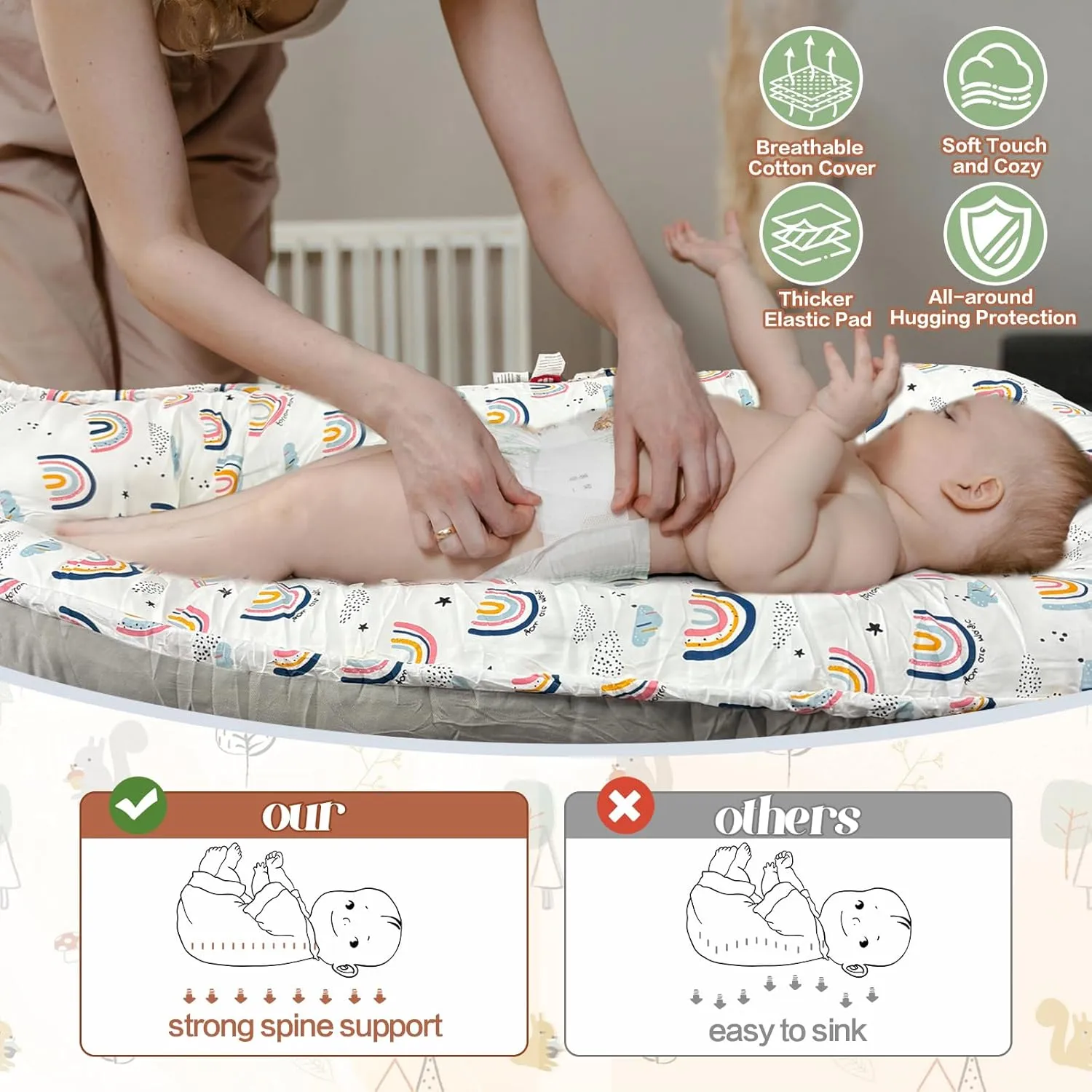 JIFTOK Baby Nests Lounger for Newborn, Snuggle Sleeping Bassinet for 0-24M, Breathable Portable Co Sleeping Bed, Baby Essentials Adjustable Infant Soft Cotton Loungers for Home & Travel -Rainbow