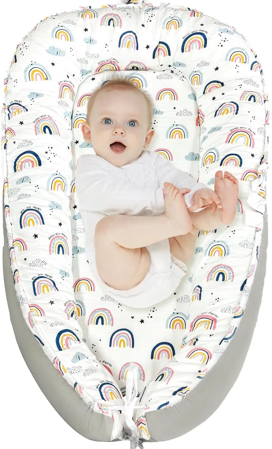 JIFTOK Baby Nests Lounger for Newborn, Snuggle Sleeping Bassinet for 0-24M, Breathable Portable Co Sleeping Bed, Baby Essentials Adjustable Infant Soft Cotton Loungers for Home & Travel -Rainbow