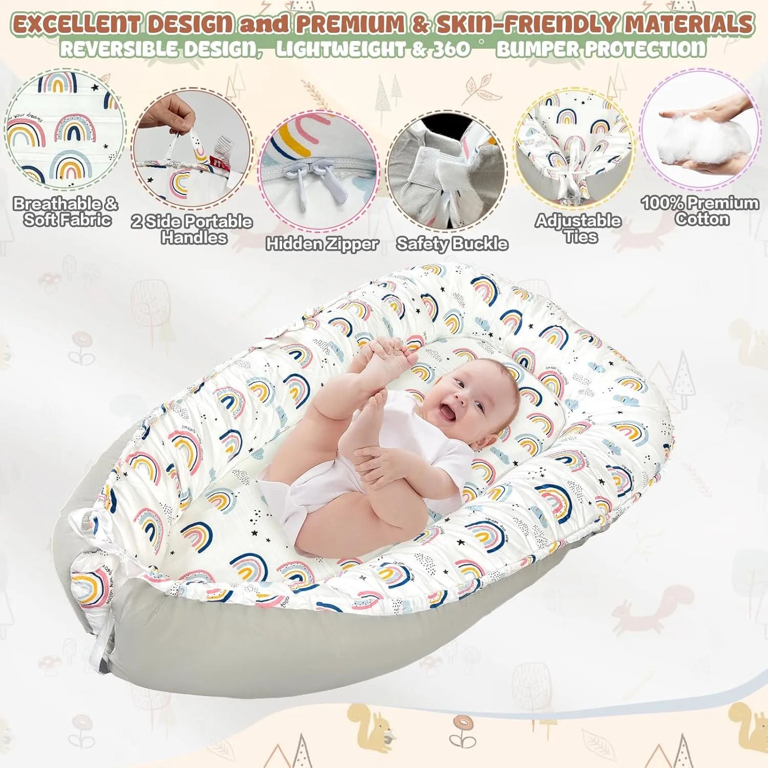 JIFTOK Baby Nests Lounger for Newborn, Snuggle Sleeping Bassinet for 0-24M, Breathable Portable Co Sleeping Bed, Baby Essentials Adjustable Infant Soft Cotton Loungers for Home & Travel -Rainbow