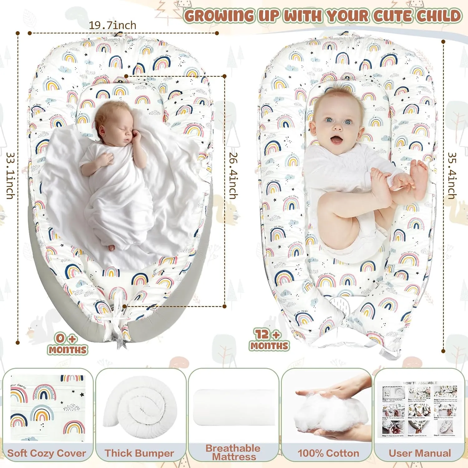 JIFTOK Baby Nests Lounger for Newborn, Snuggle Sleeping Bassinet for 0-24M, Breathable Portable Co Sleeping Bed, Baby Essentials Adjustable Infant Soft Cotton Loungers for Home & Travel -Rainbow