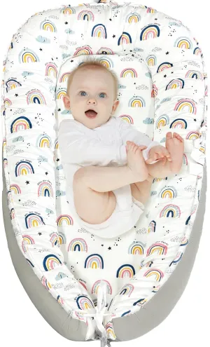 JIFTOK Baby Nests Lounger for Newborn, Snuggle Sleeping Bassinet for 0-24M, Breathable Portable Co Sleeping Bed, Baby Essentials Adjustable Infant Soft Cotton Loungers for Home & Travel -Rainbow
