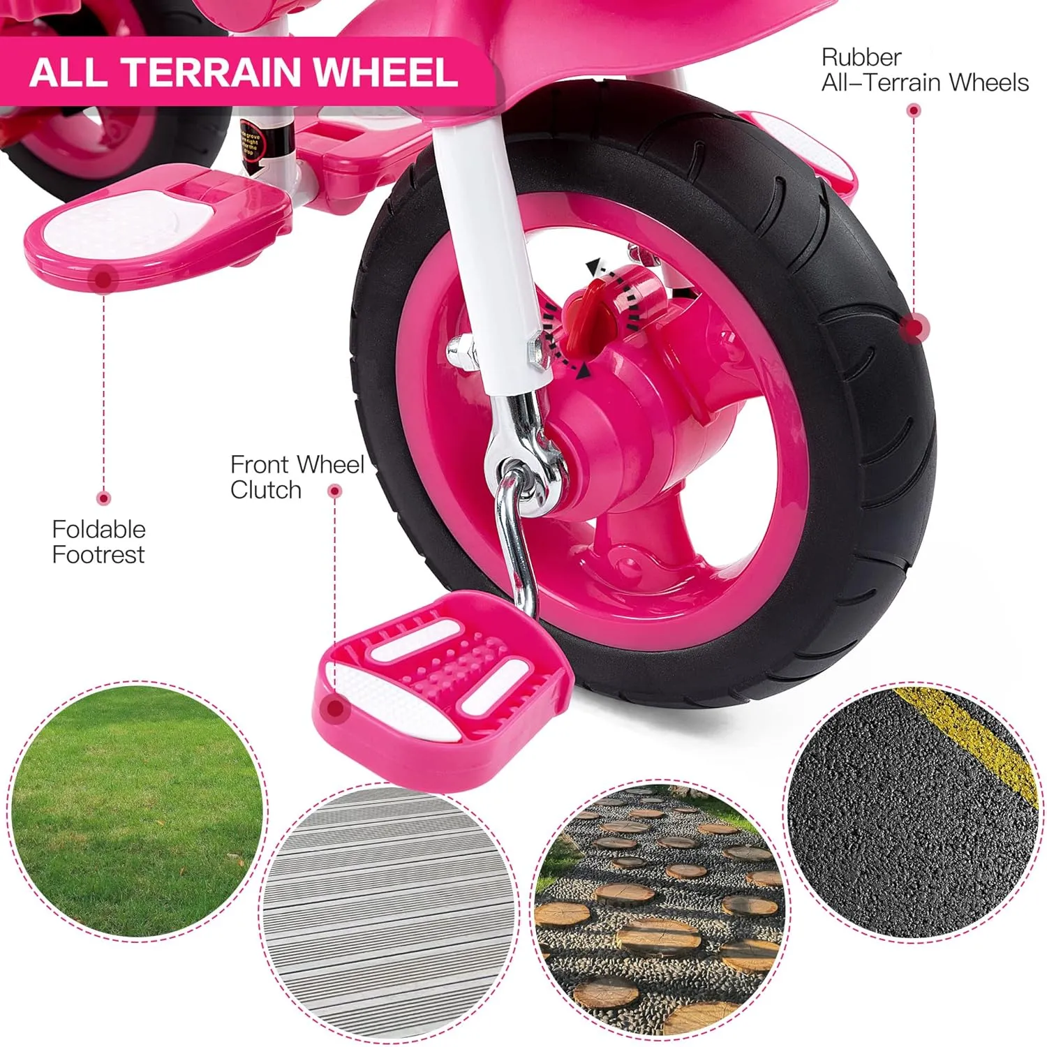 JMMD Baby Trike, 6-in-1 Kids Tricycle with Adjustable Push Handle, Removable Canopy, Safety Harness for 18 Months - 5 Year Old, Pink