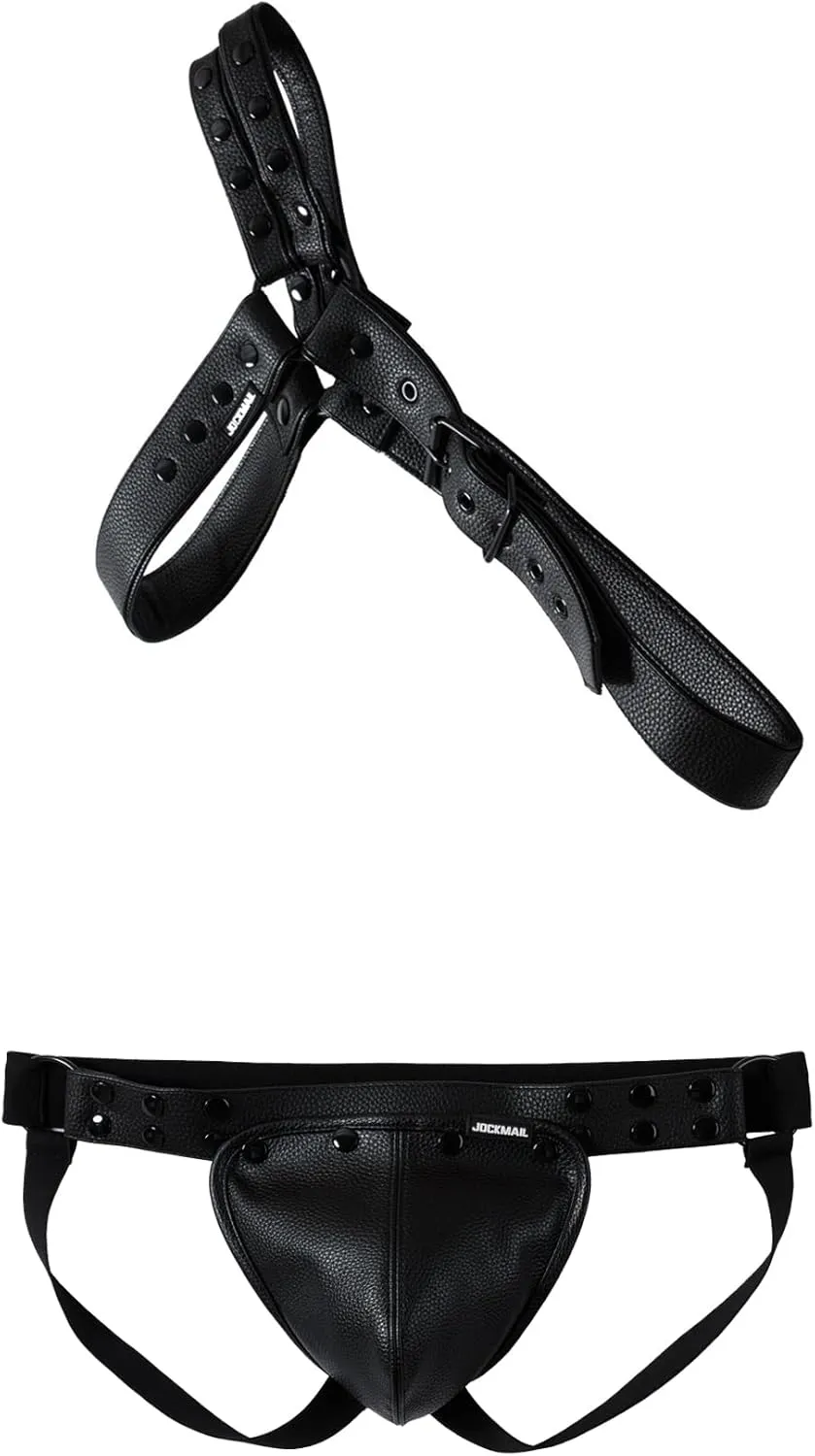 JOCKMAIL Jock straps for Men with Mens Leather Harness Set Men Jock strap with Removable Pouch Adjustable Jockstrap Harness