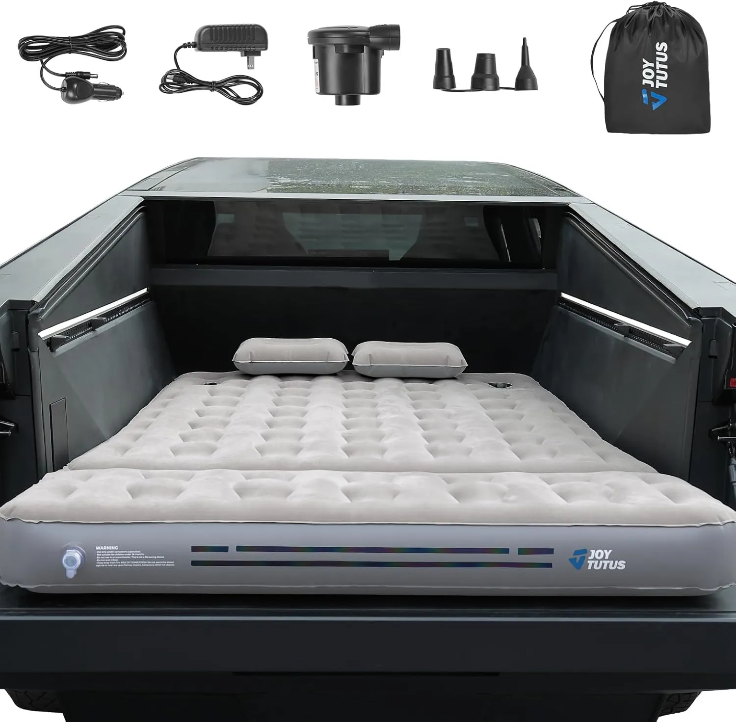 JOYTUTUS Truck Bed Air Mattress with 2 Pillows for Cybertruck Accessories Custom Fit Inflation Camping Air Bed with Built-in Pump & Carry Bag- Grey