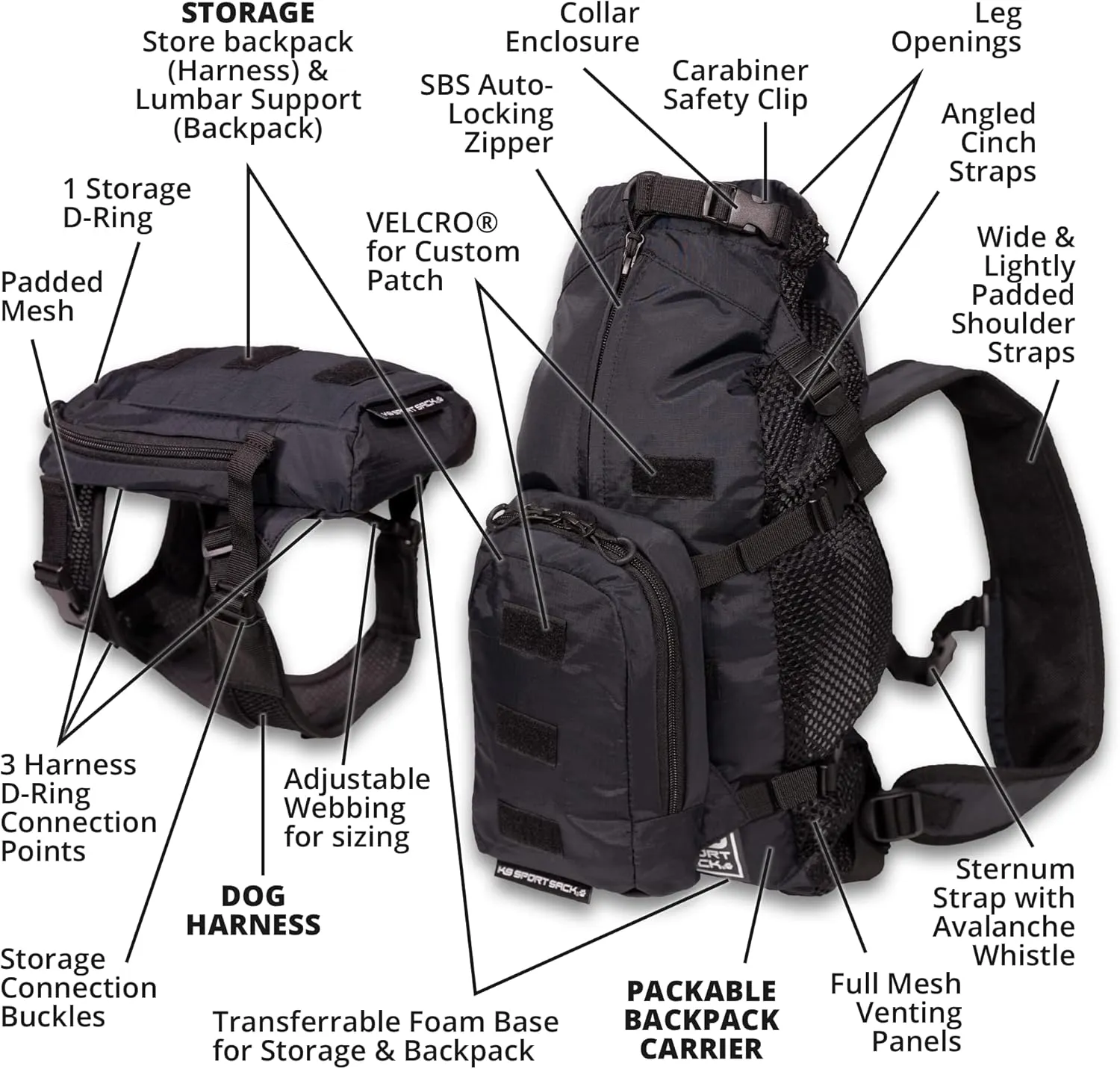 K9 Sport Sack Walk-On | Dog Carrier Dog Backpack with Harness & Storage (Large, Anthracite Black)