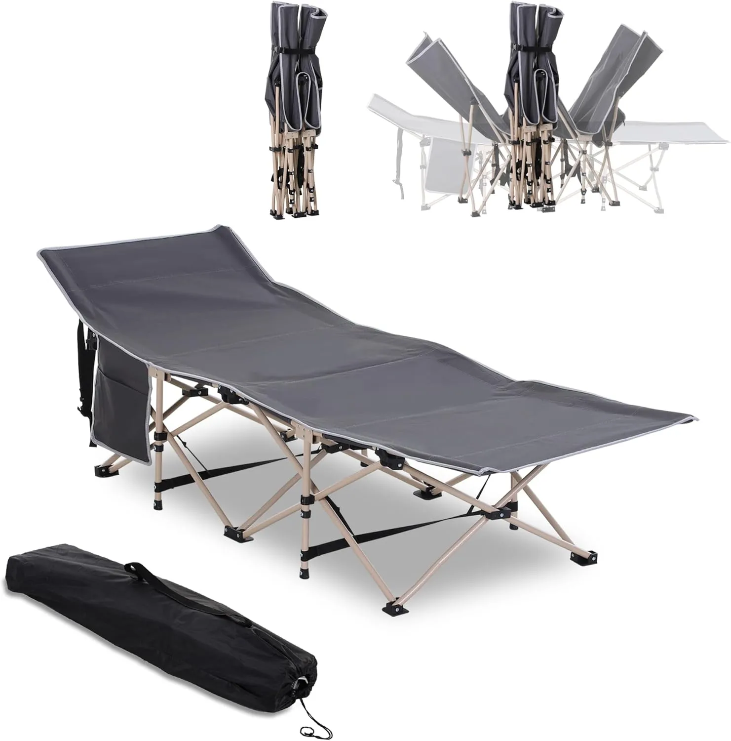 Kaimei Elevated Camping Cot with Headrest, Portable Folding Sleeping Bed for Adults, 330 lbs Capacity,Gray, Travel, Camping, Outdoor